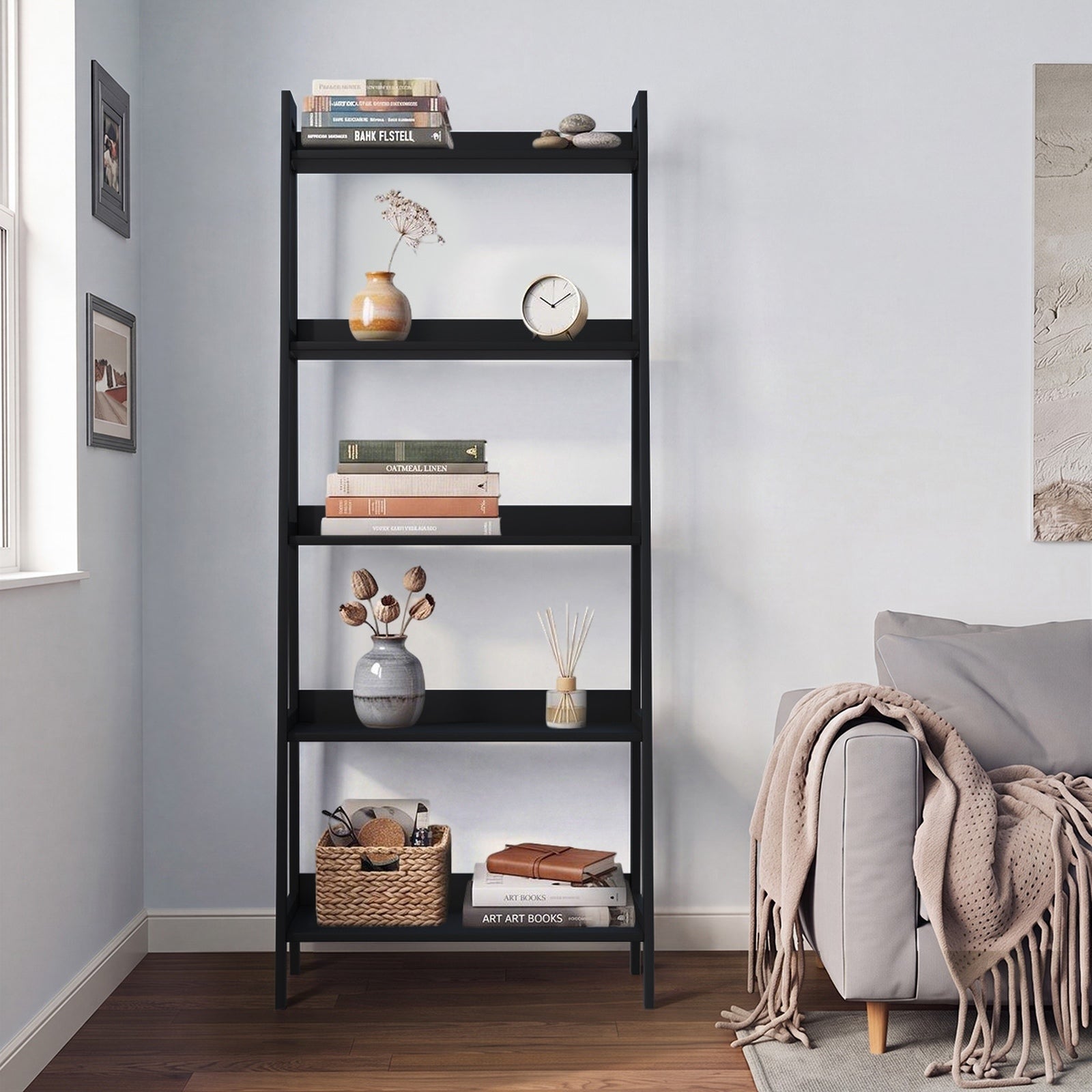 Oikiture Bookshelf 5 Tier Corner Ladder Shelf Home Storage Display Rack