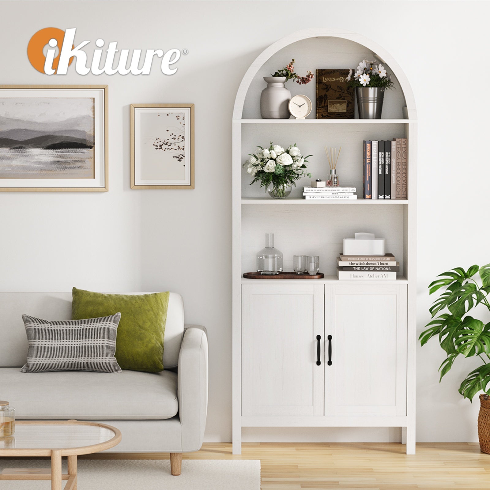 Oikiture Arched Bookshelf Display Shelf Bookcase Bookshelves Storage White - Sunyee