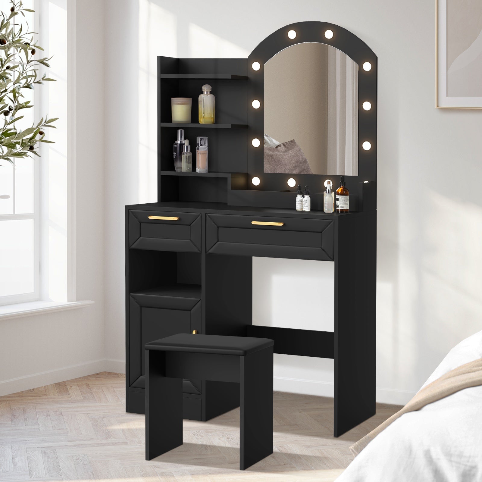 Oikiture Dressing Table Stool Set Makeup Desk Mirror Storage Dresser LED Bulbs