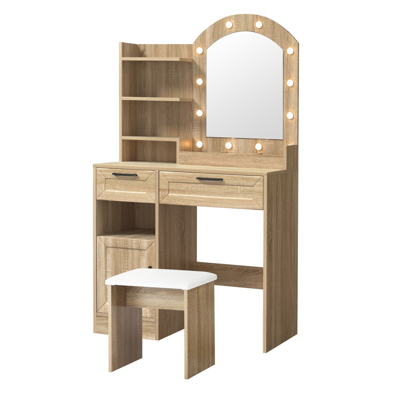 Oikiture Dressing Table Stool Set Makeup Desk Mirror Storage Dresser LED Bulbs