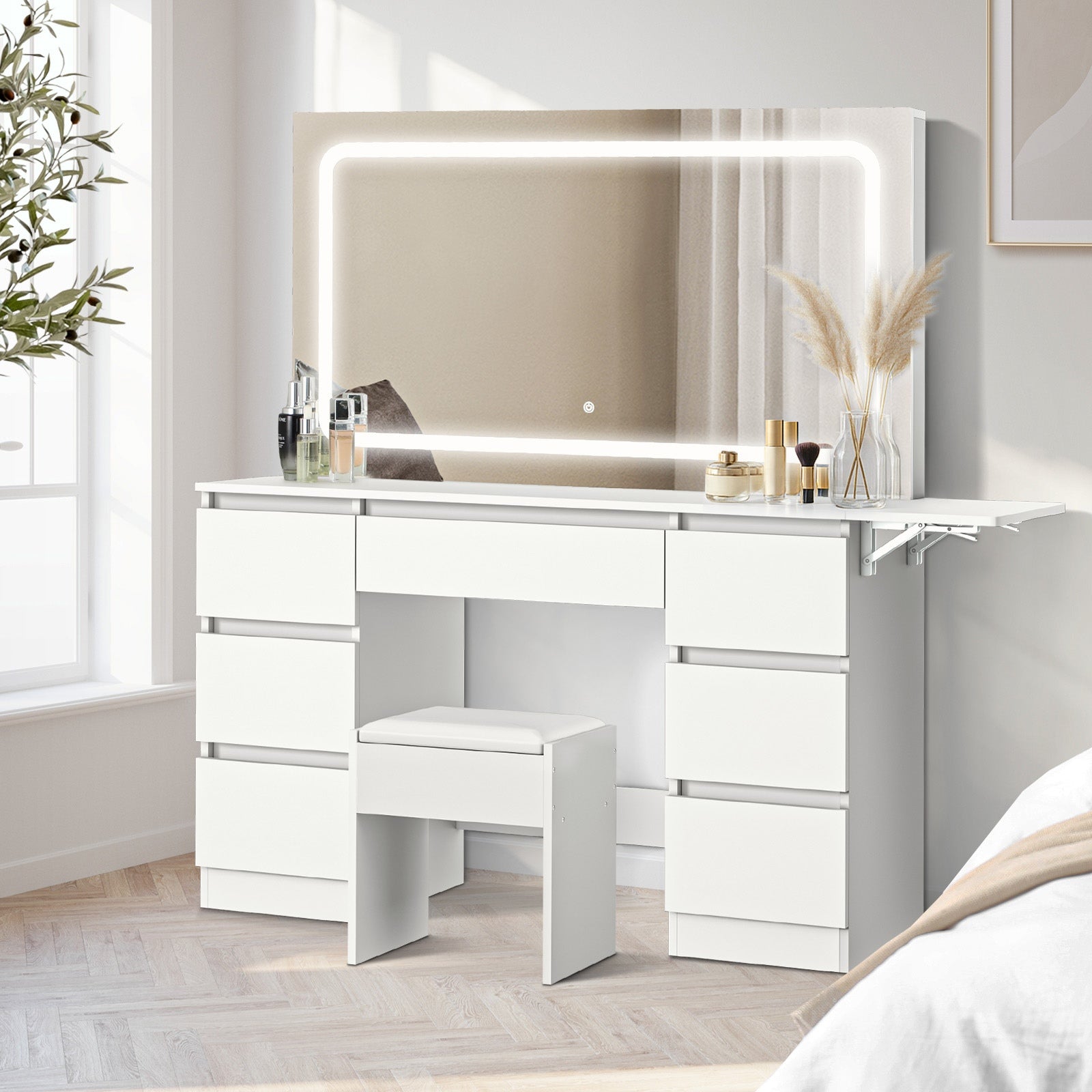 Oikiture Dressing Table Stool Set with LED Makeup Mirror Vanity Desk 7 Drawers - Sunyee