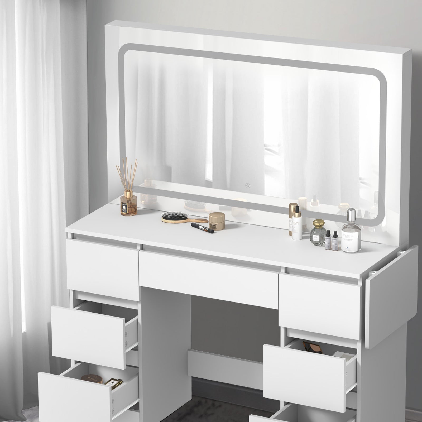 Oikiture Dressing Table Stool Set with LED Makeup Mirror Vanity Desk 7 Drawers - Sunyee