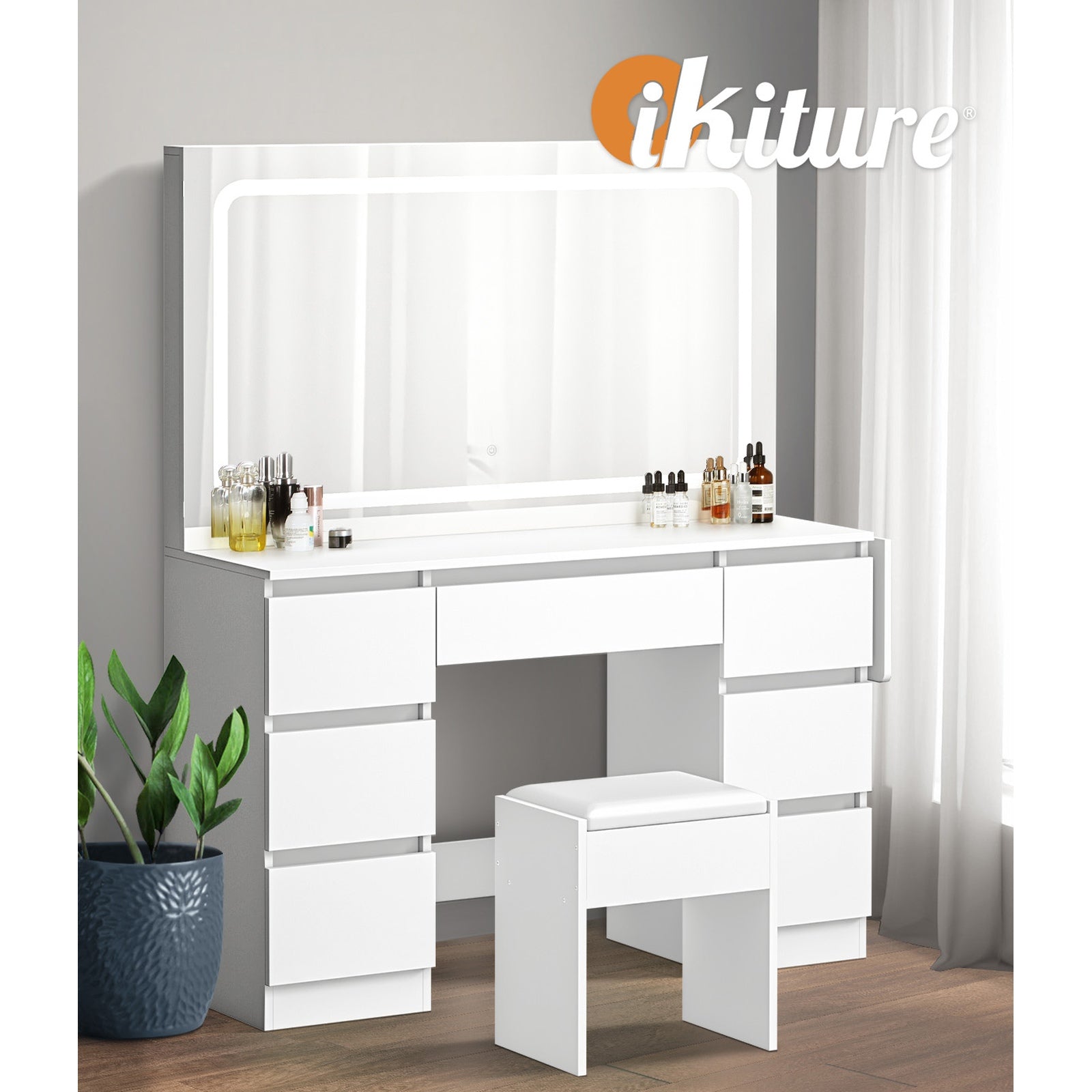 Oikiture Dressing Table Stool Set with LED Makeup Mirror Vanity Desk 7 Drawers - Sunyee