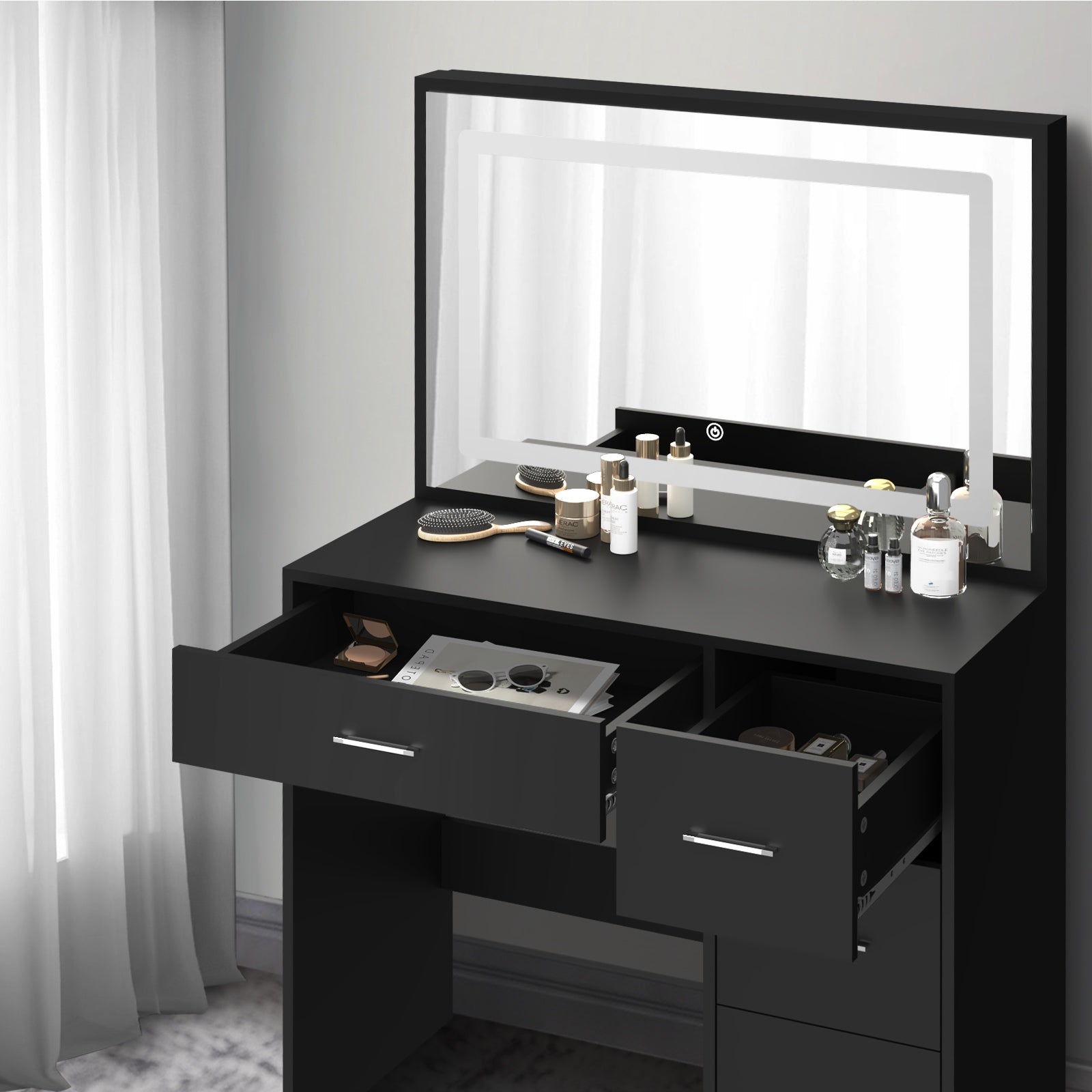 Oikiture Dressing Table Stool Set Large Makeup Mirror LED Light Vanity Black - Sunyee