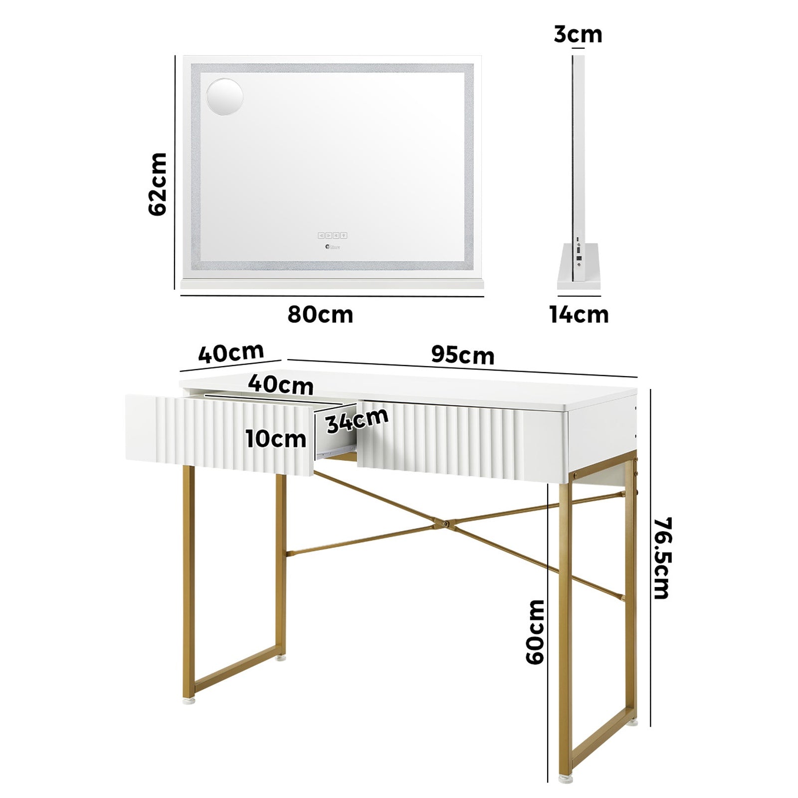 Oikiture Dressing Table Bluetooth Makeup Mirror 80x62cm Crystal Vanity Mirrors - Sunyee