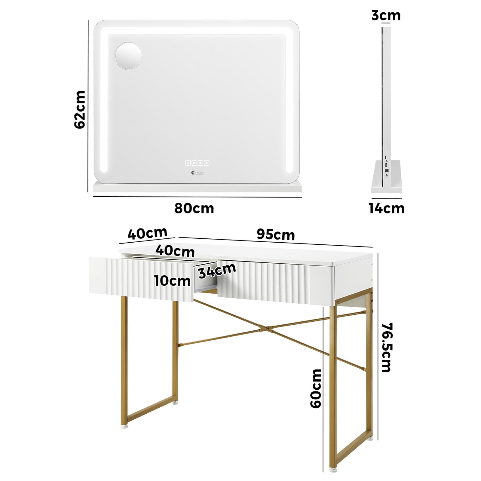 Oikiture Dressing Table Bluetooth Hollywood Makeup Mirror 80x62cm Vanity Mirrors - Sunyee