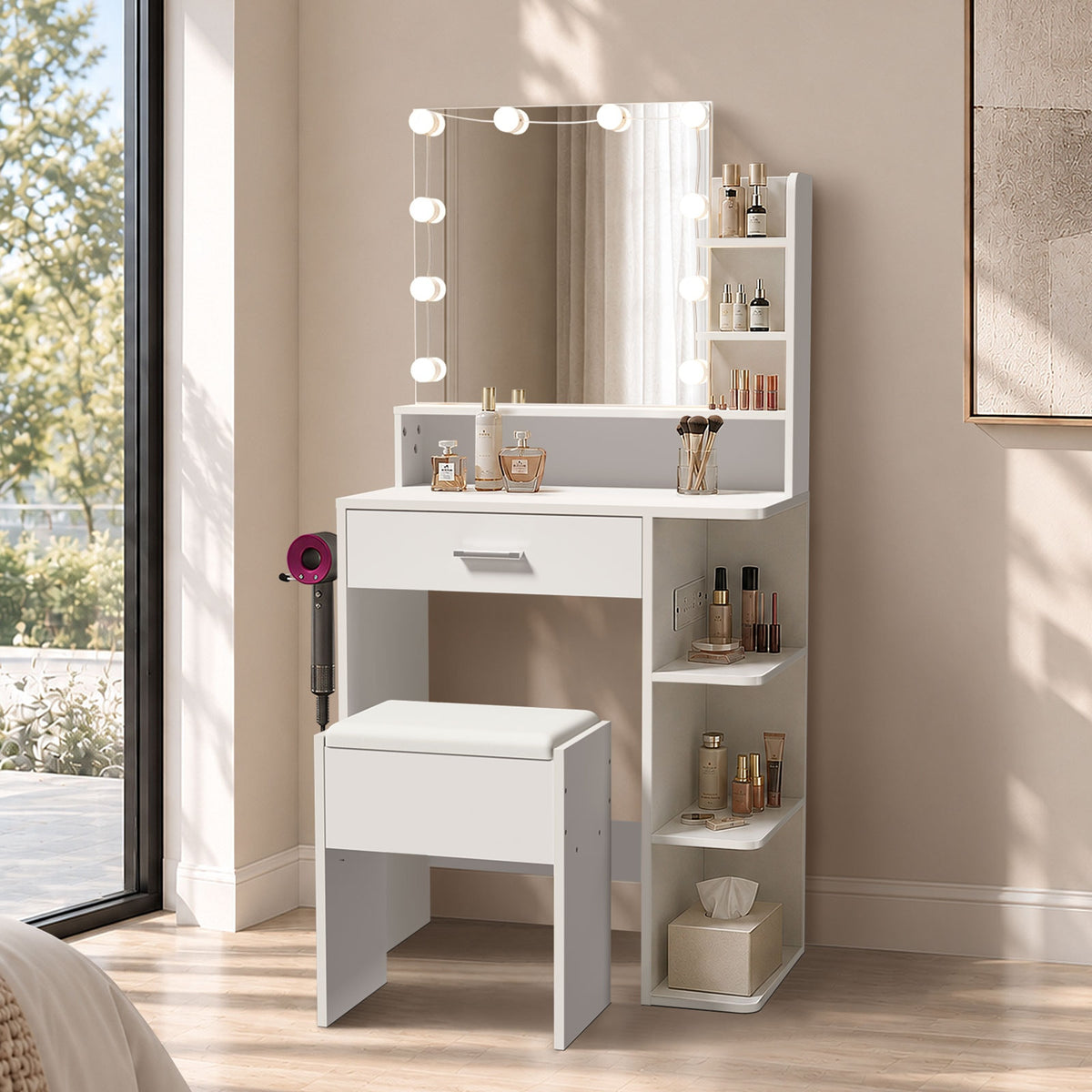 Oikiture Small Dressing Table Set LED Lights Makeup Mirror Vanity Desk White