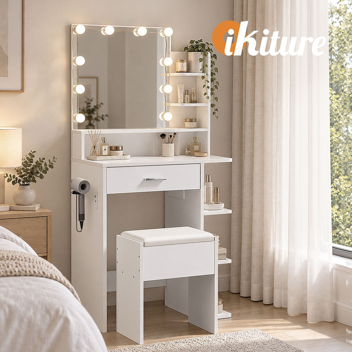 Oikiture Small Dressing Table Set LED Lights Makeup Mirror Vanity Desk White