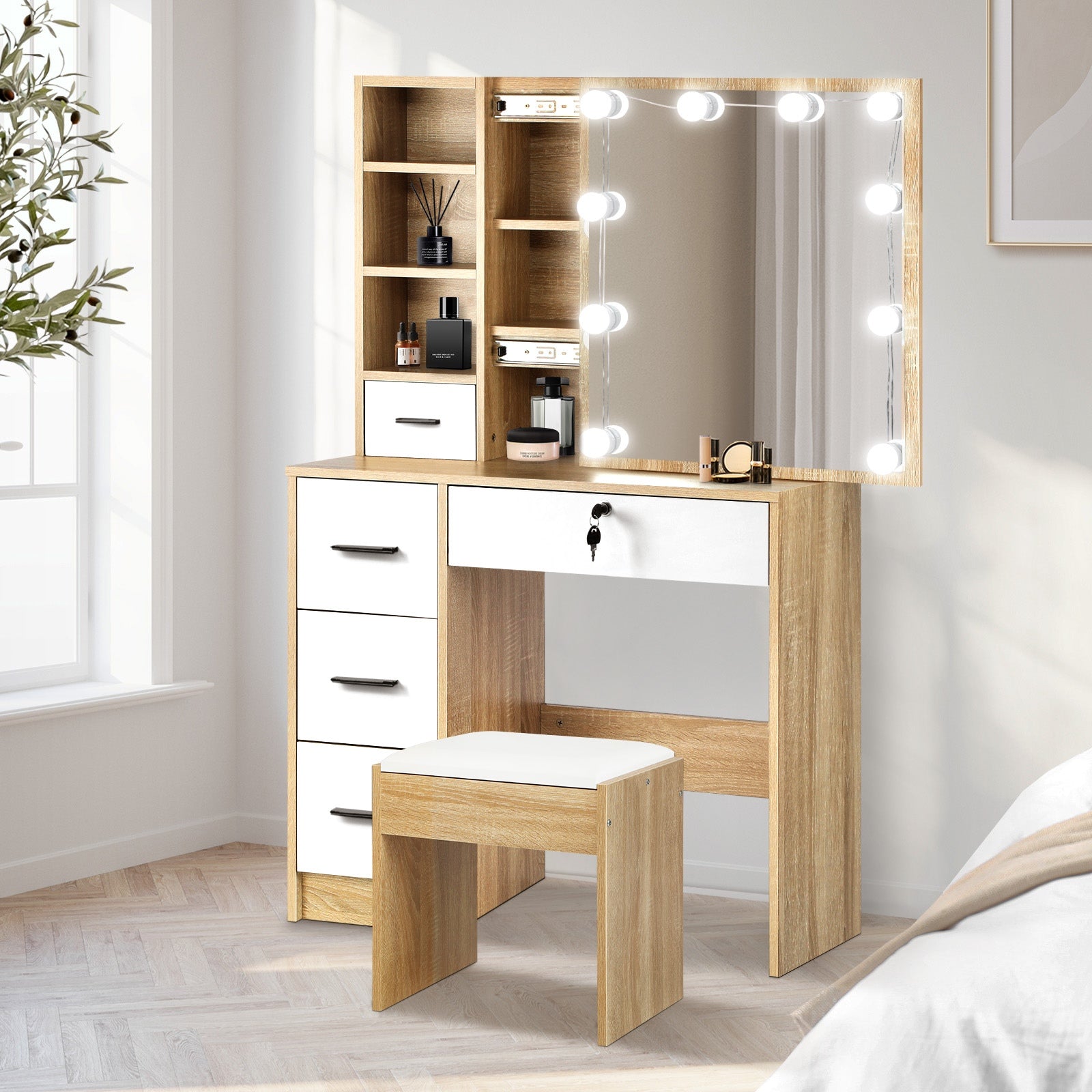 Oikiture Dressing Table Stool Set Makeup Slide Mirror Drawers 10 LED Bulbs - Sunyee