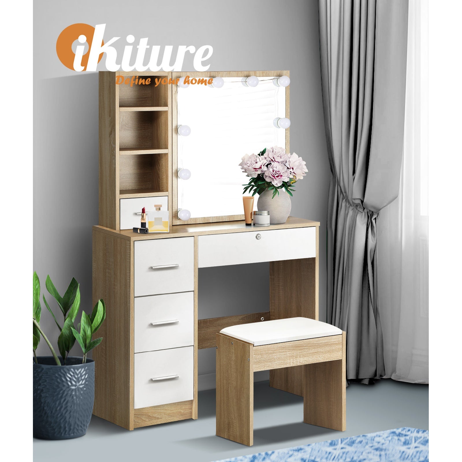 Oikiture Dressing Table Stool Set Slide Mirror Drawer 10 LED Bulbs Natural White - Sunyee