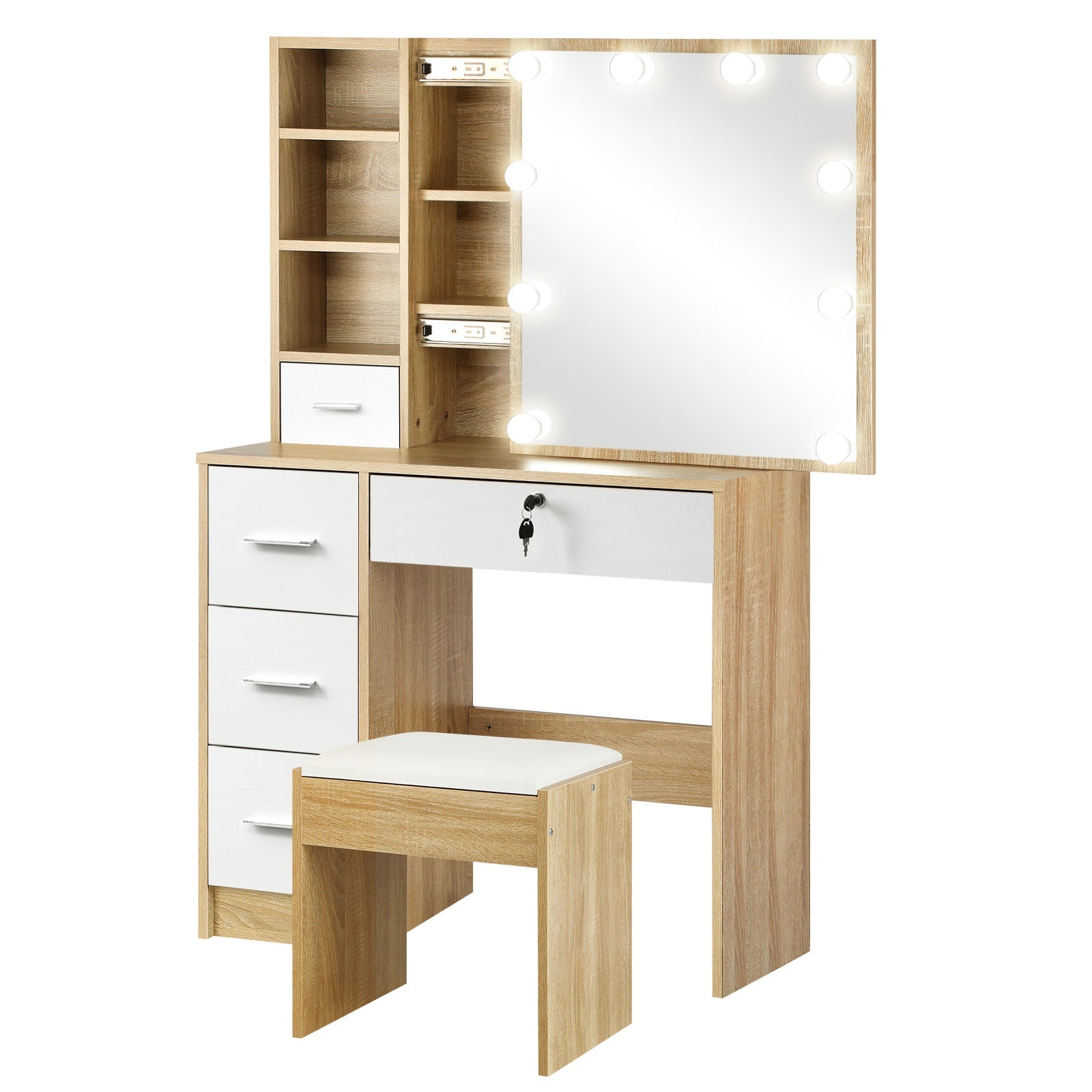 Oikiture Dressing Table Stool Set Makeup Desk Mirror Storage Dresser LED Bulbs