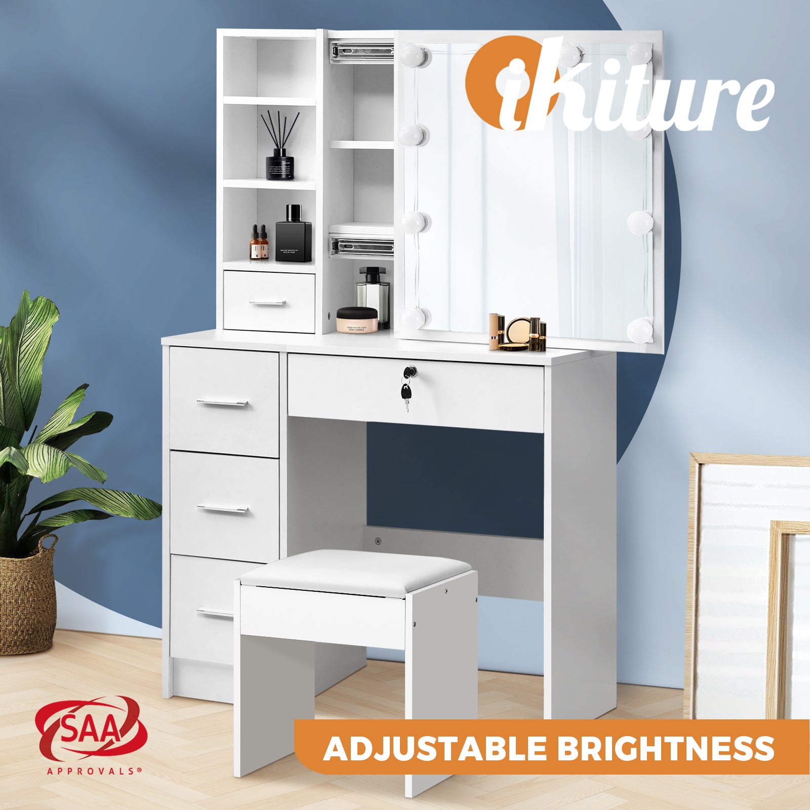 Oikiture Dressing Table Stool Set Makeup Desk Mirror Storage Dresser LED Bulbs