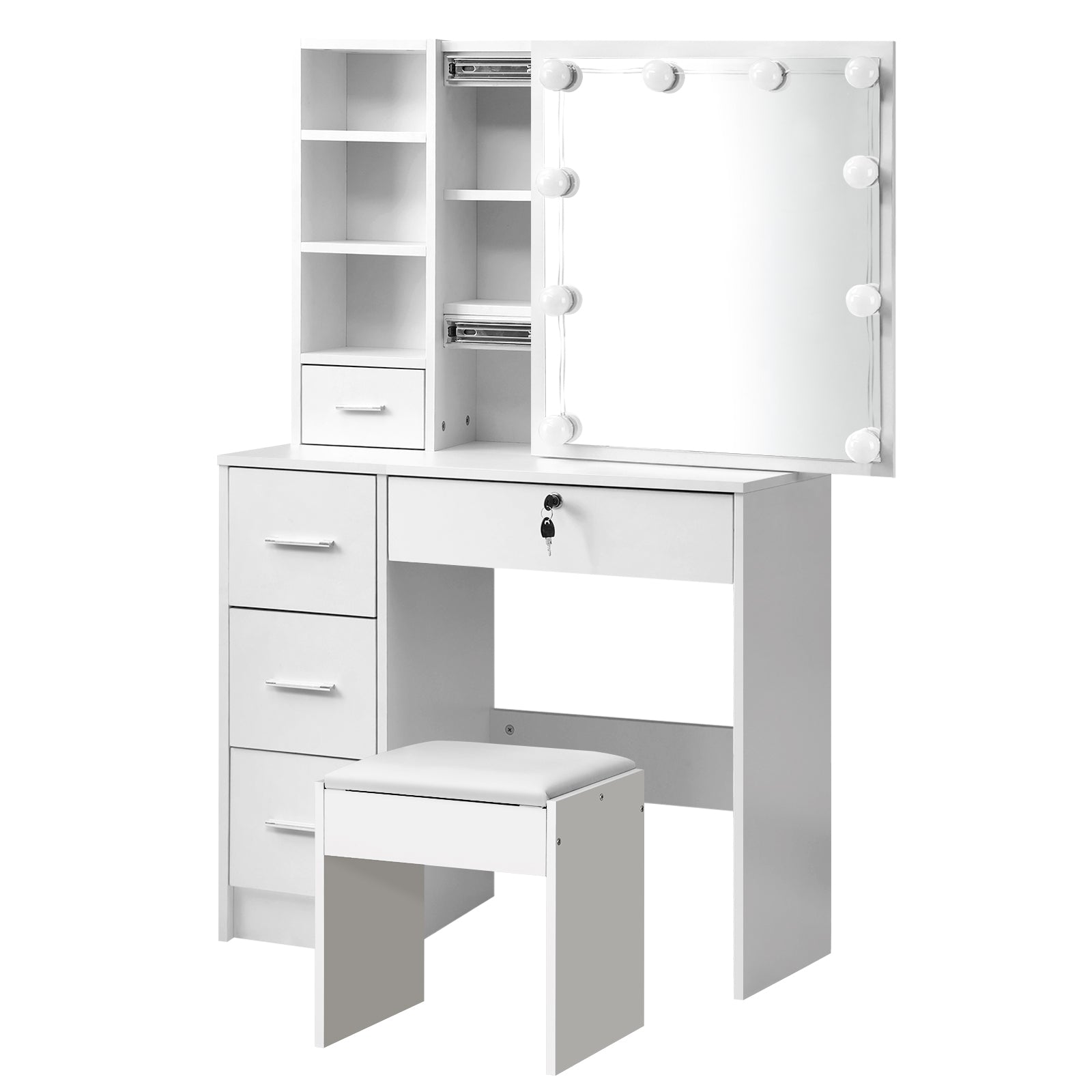 Oikiture Dressing Table Stool Set Makeup Desk Mirror Storage Dresser LED Bulbs