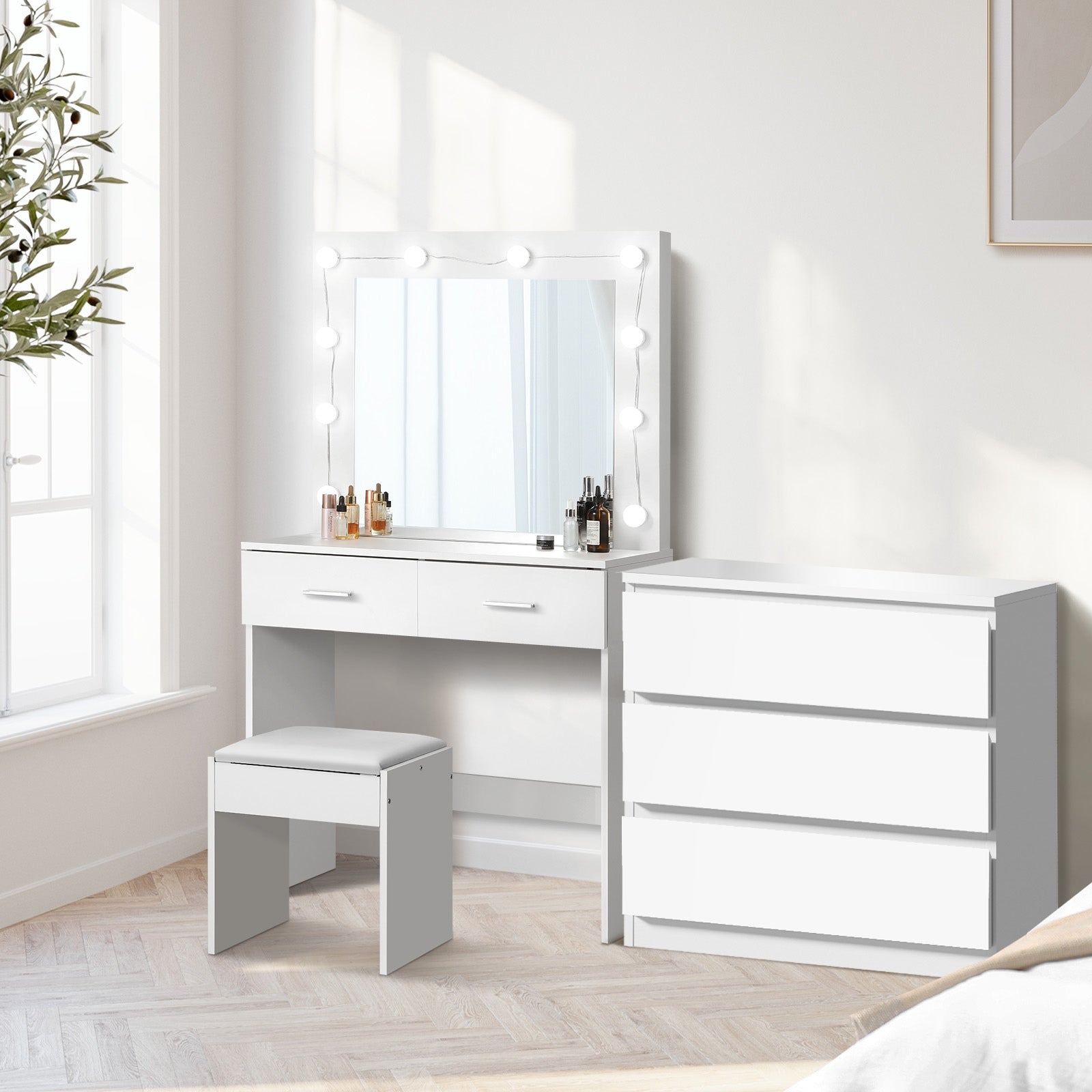 Oikiture Dressing Table Stool Set Makeup Mirror Vanity Desk LED 5 Drawers White - Sunyee