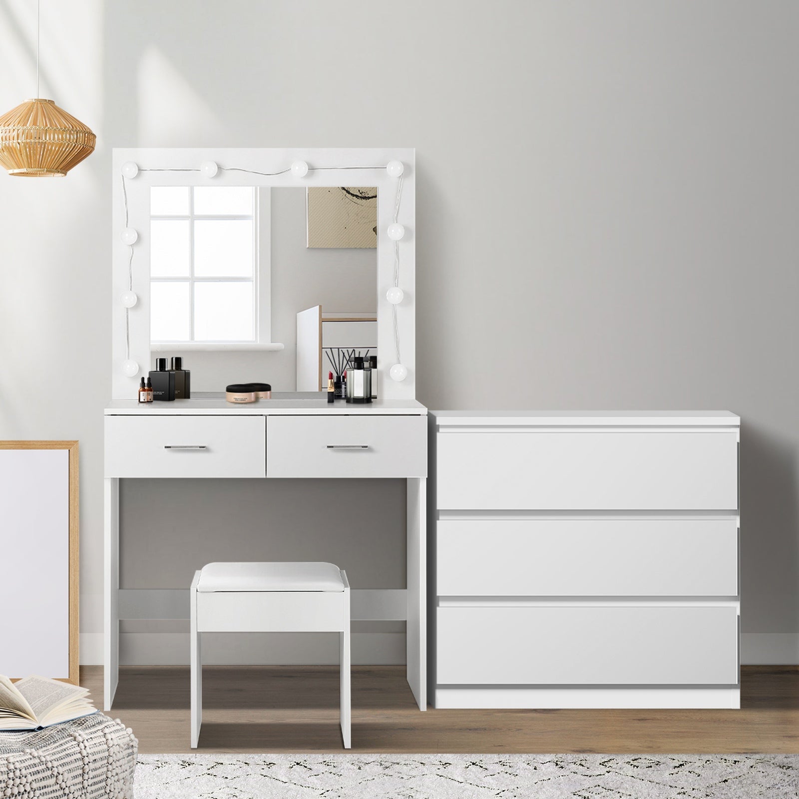 Oikiture Dressing Table Stool Set Makeup Mirror Vanity Desk LED 5 Drawers White - Sunyee