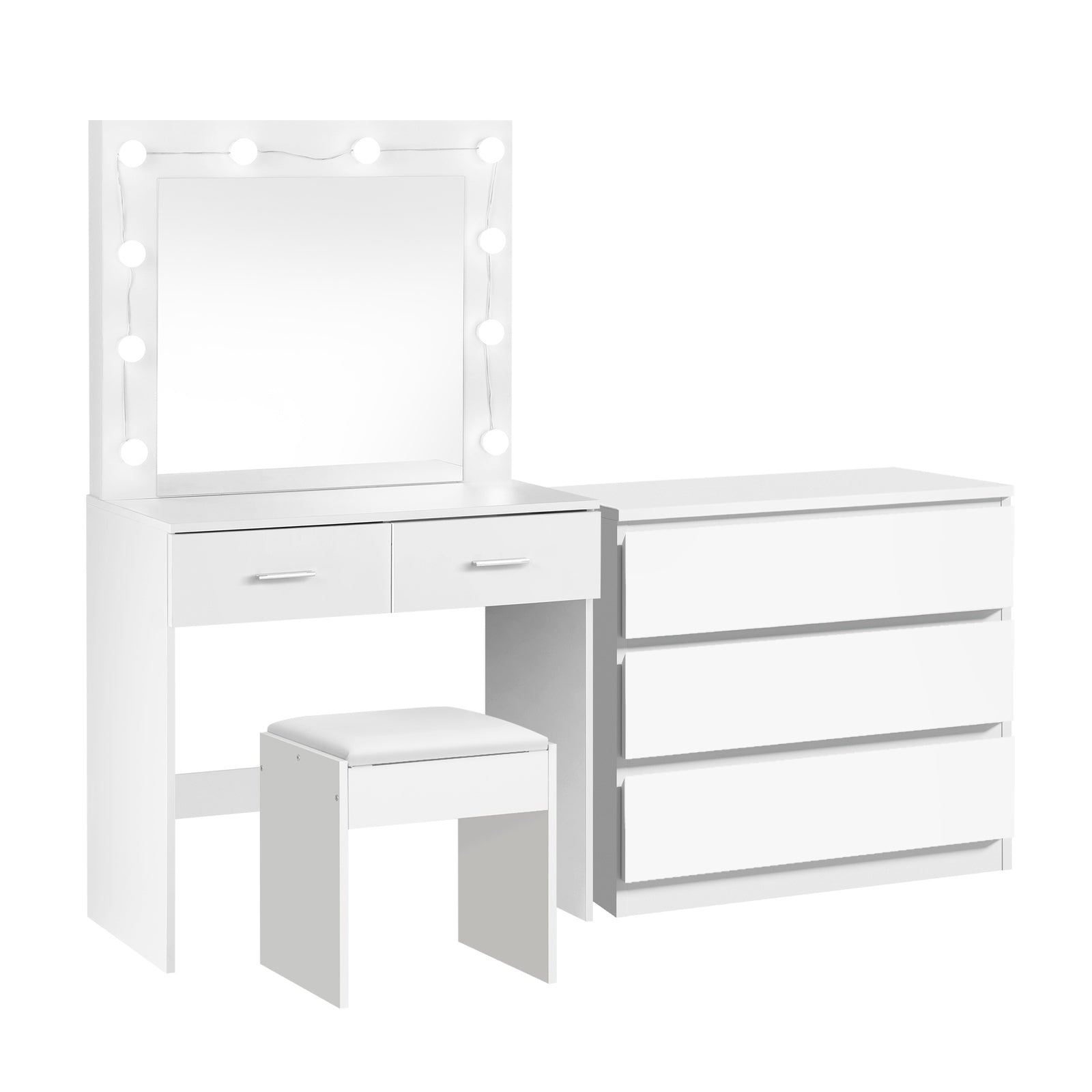 Oikiture Dressing Table Stool Set Makeup Mirror Vanity Desk LED 5 Drawers White - Sunyee