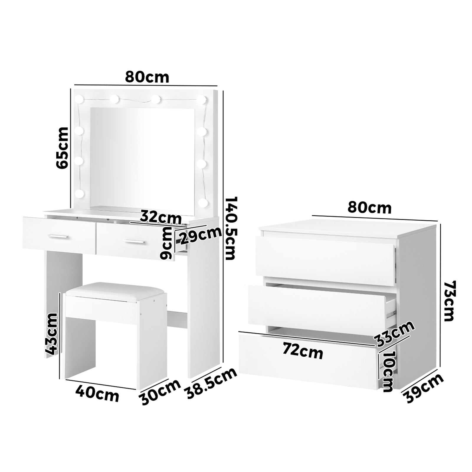 Oikiture Dressing Table Stool Set Makeup Mirror Vanity Desk LED 5 Drawers White - Sunyee