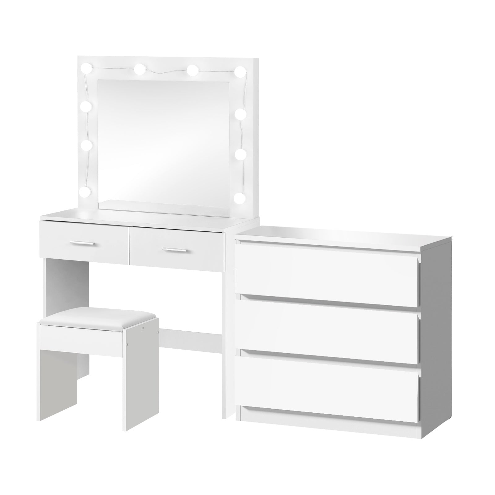 Oikiture Dressing Table Stool Set Makeup Mirror Vanity Desk LED 5 Drawers White - Sunyee