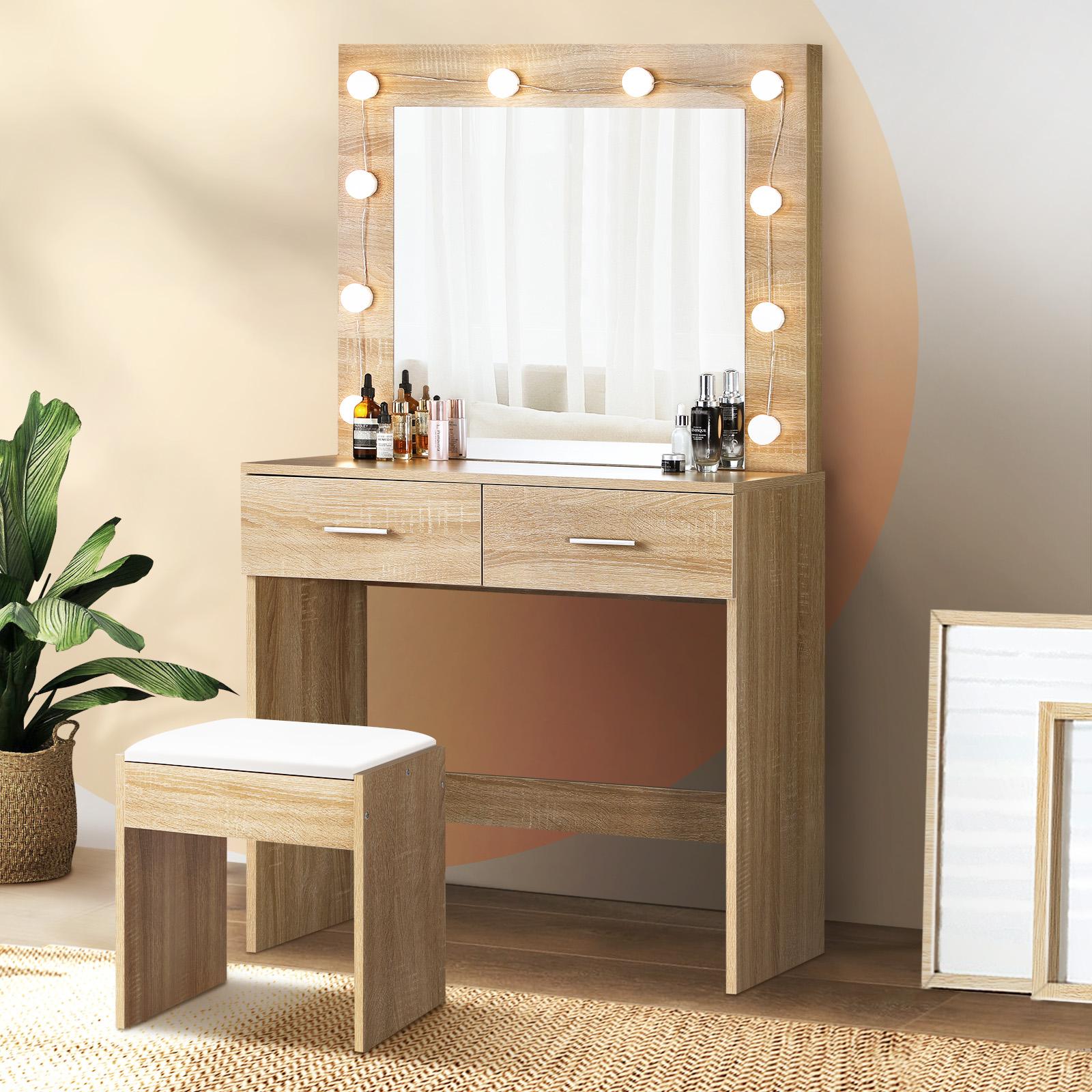 Oikiture Dressing Table Stool Set Makeup Desk Mirror Storage Dresser LED Bulbs