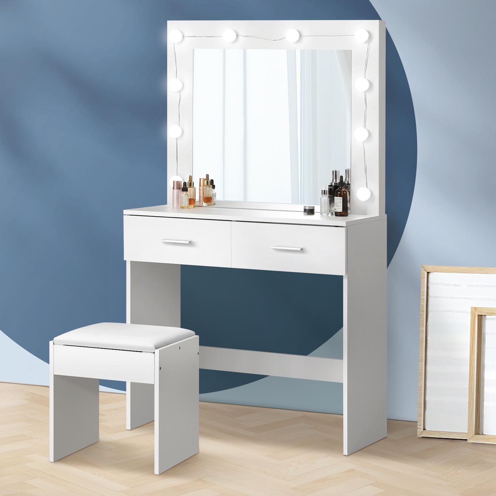 Oikiture Dressing Table Stool Set Makeup Desk Mirror Storage Dresser LED Bulbs