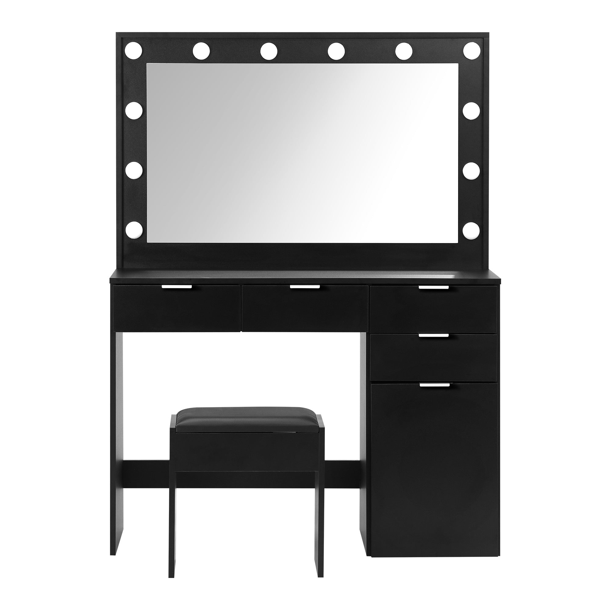 Oikiture Dressing Table Stool Set Makeup Large Mirror Dresser 12 LED Bulbs Black - Sunyee