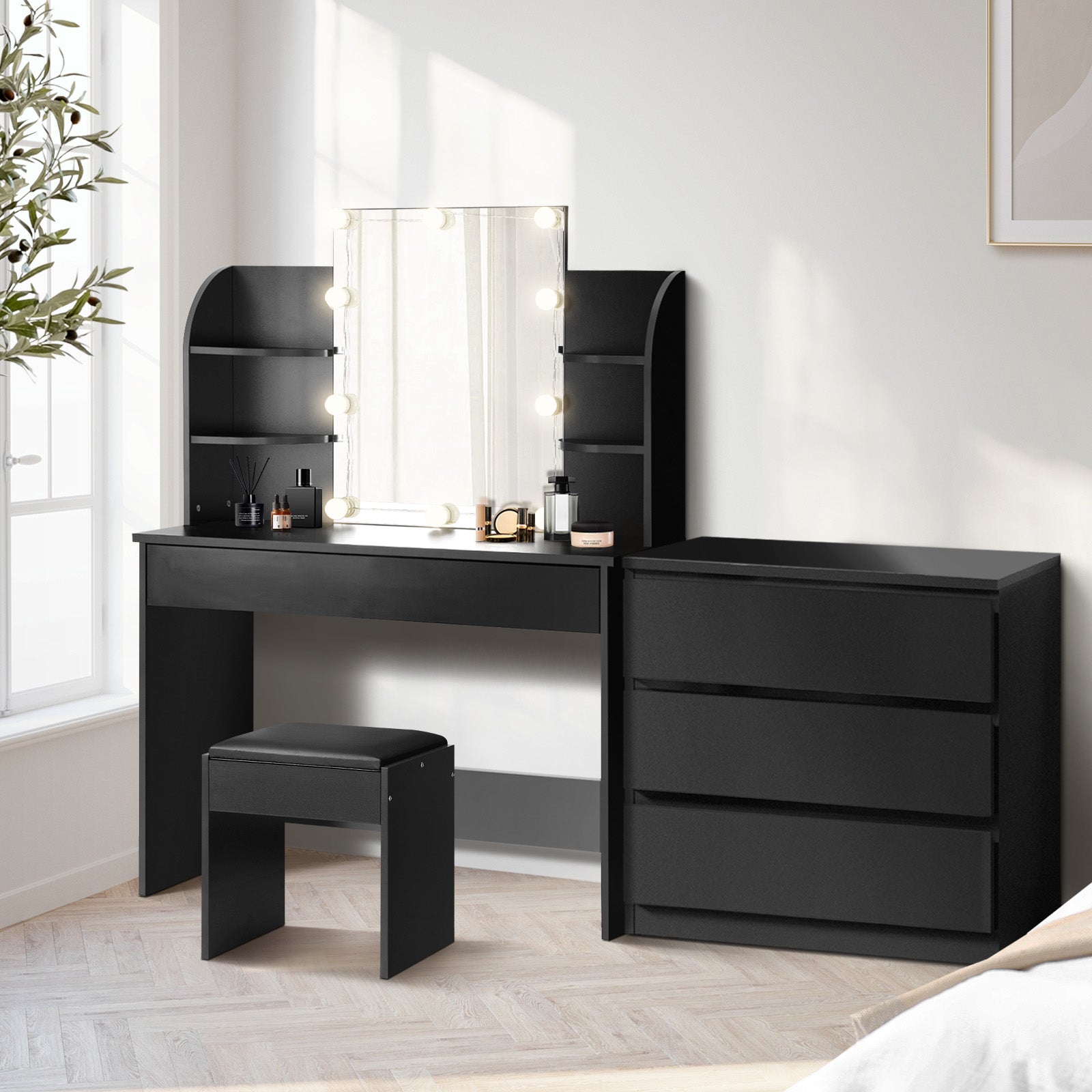 Oikiture Dressing Table Stool Set with Chest of Drawers LED Makeup Mirror Black - Sunyee