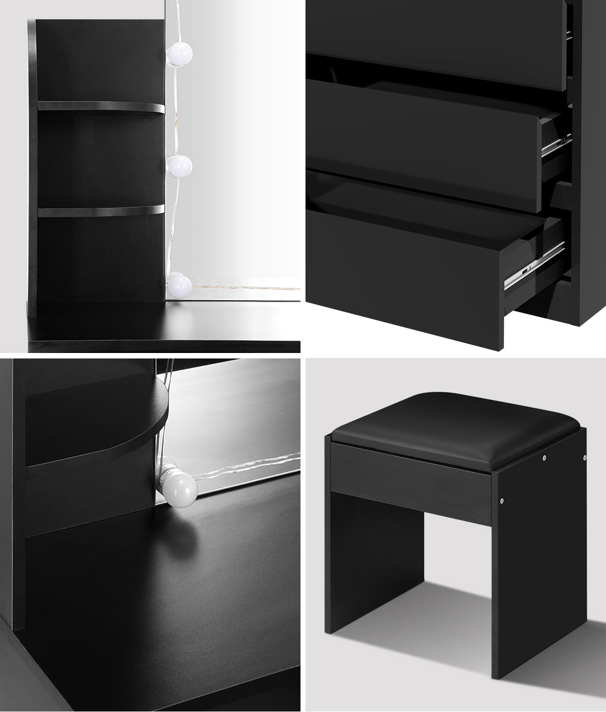 Oikiture Dressing Table Stool Set with Chest of Drawers LED Makeup Mirror Black - Sunyee
