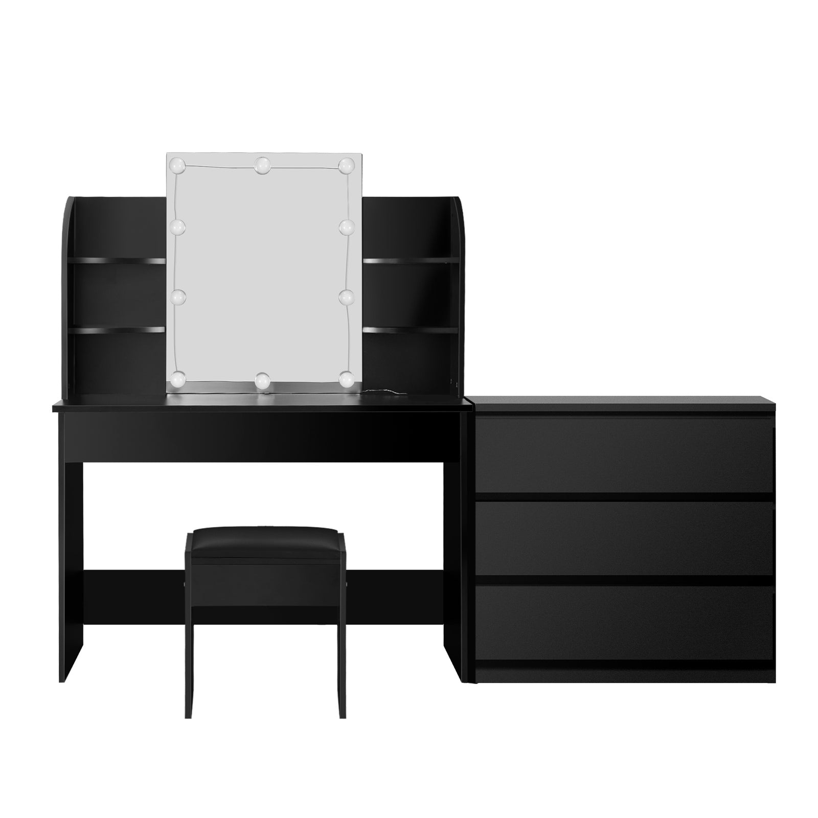 Oikiture Dressing Table Stool Set with Chest of Drawers LED Makeup Mirror Black - Sunyee