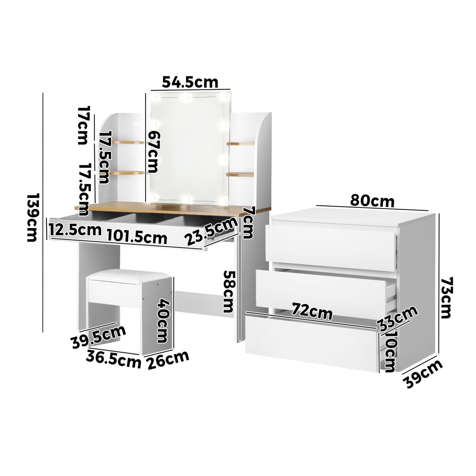 Oikiture Dressing Table Stool Set with Chest of Drawers LED Makeup Mirror White - Sunyee