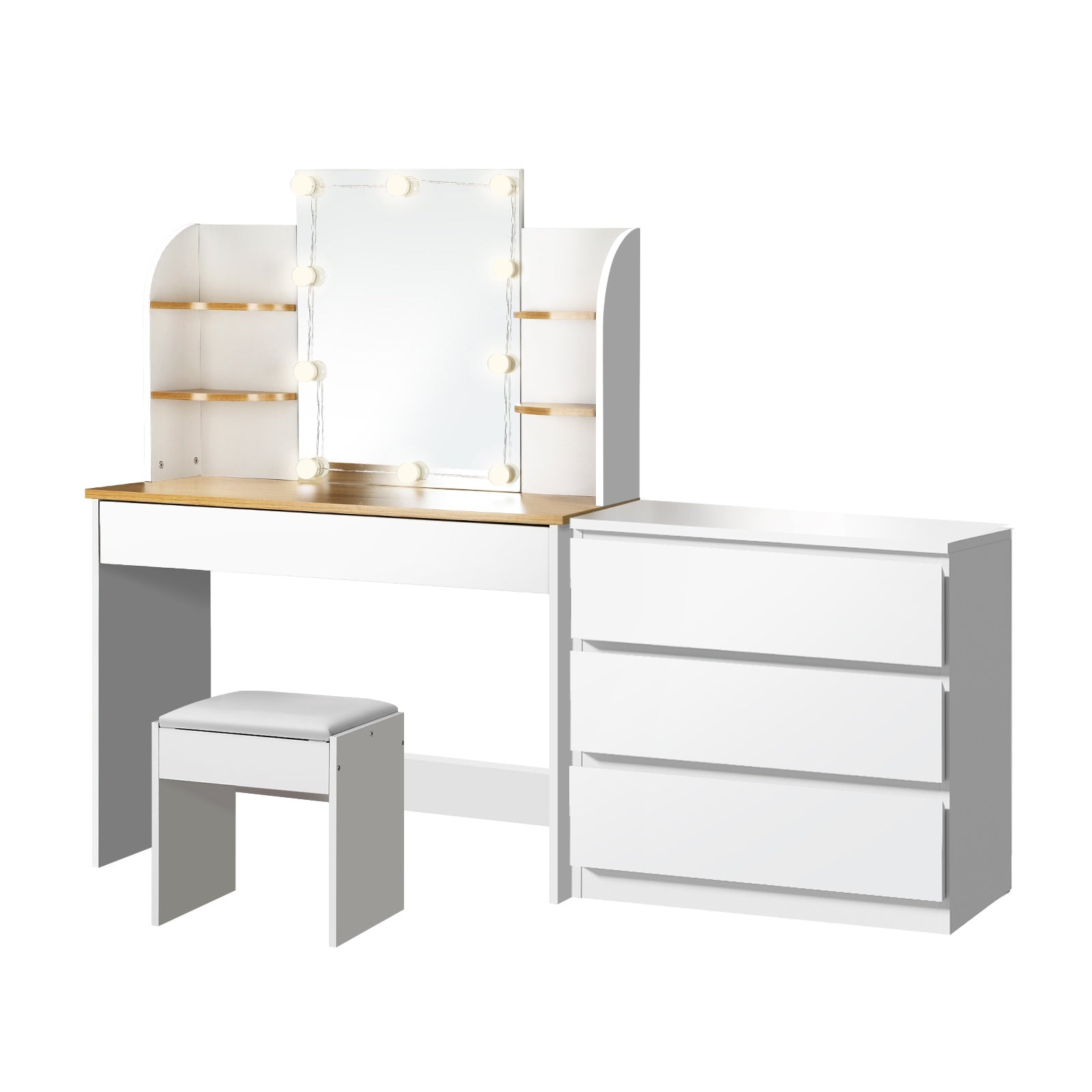 Oikiture Dressing Table Stool Set with Chest of Drawers LED Makeup Mirror White - Sunyee