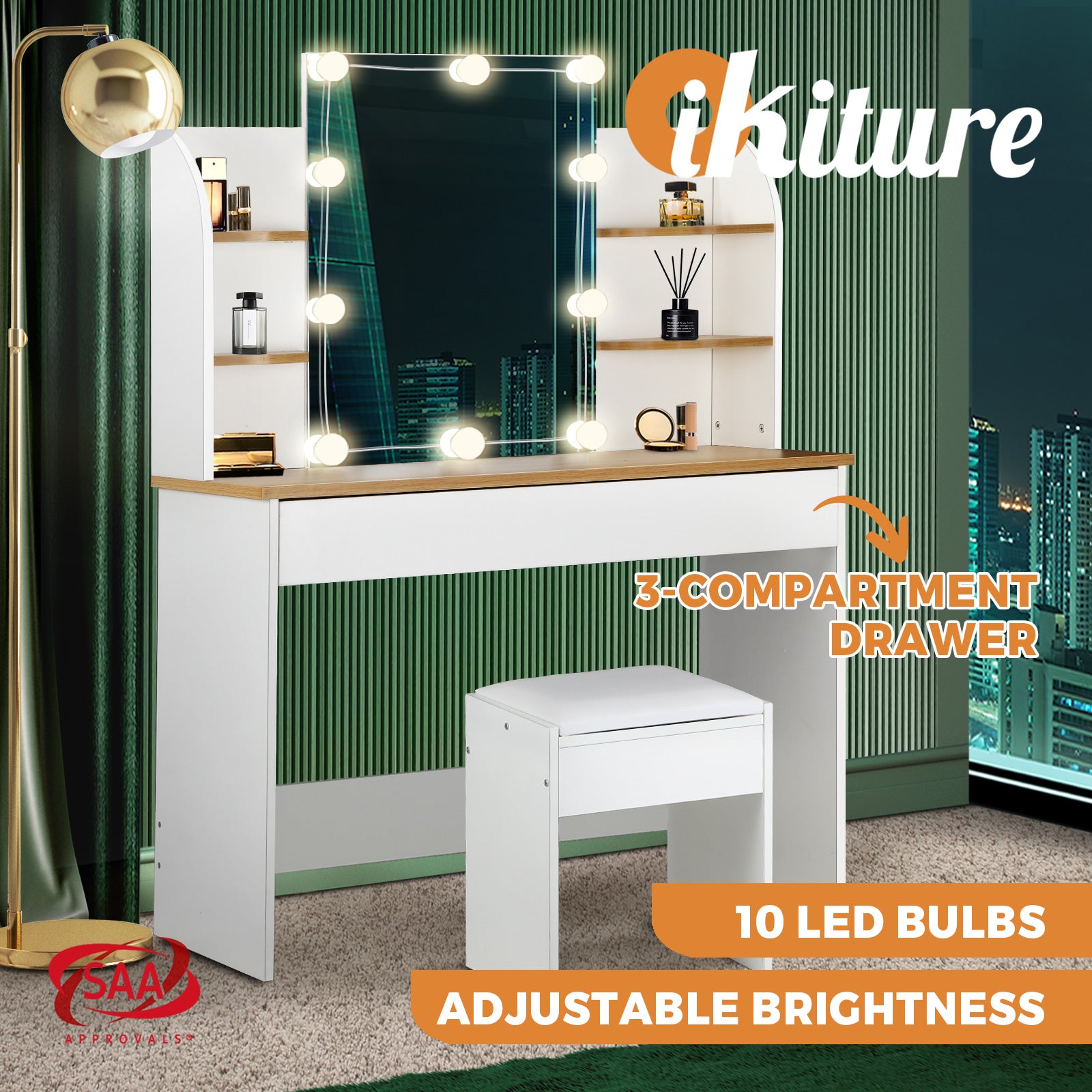 Oikiture Dressing Table Stool Set Makeup Desk Mirror Storage Dresser LED Bulbs