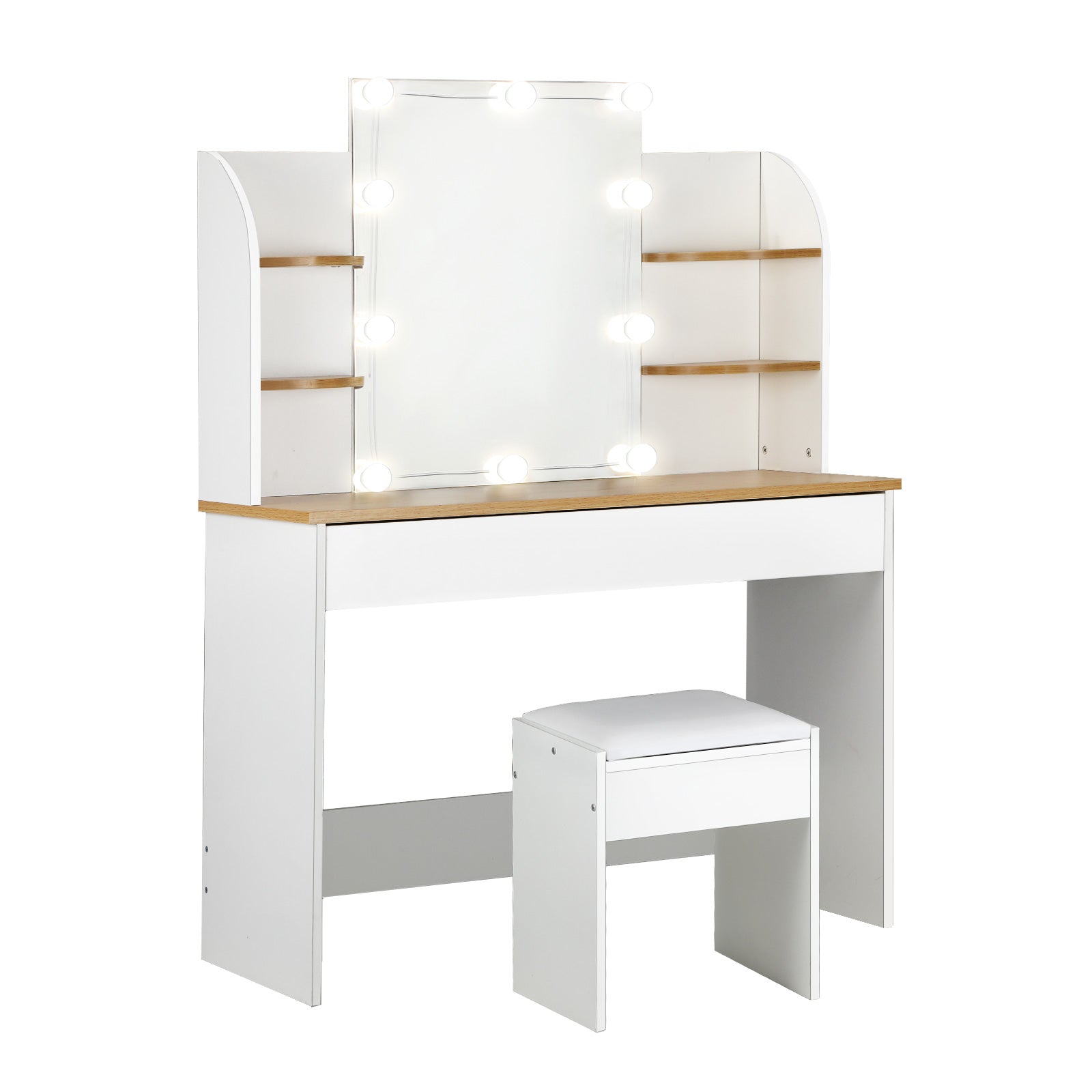 Oikiture Dressing Table Stool Set Makeup Desk Mirror Storage Dresser LED Bulbs