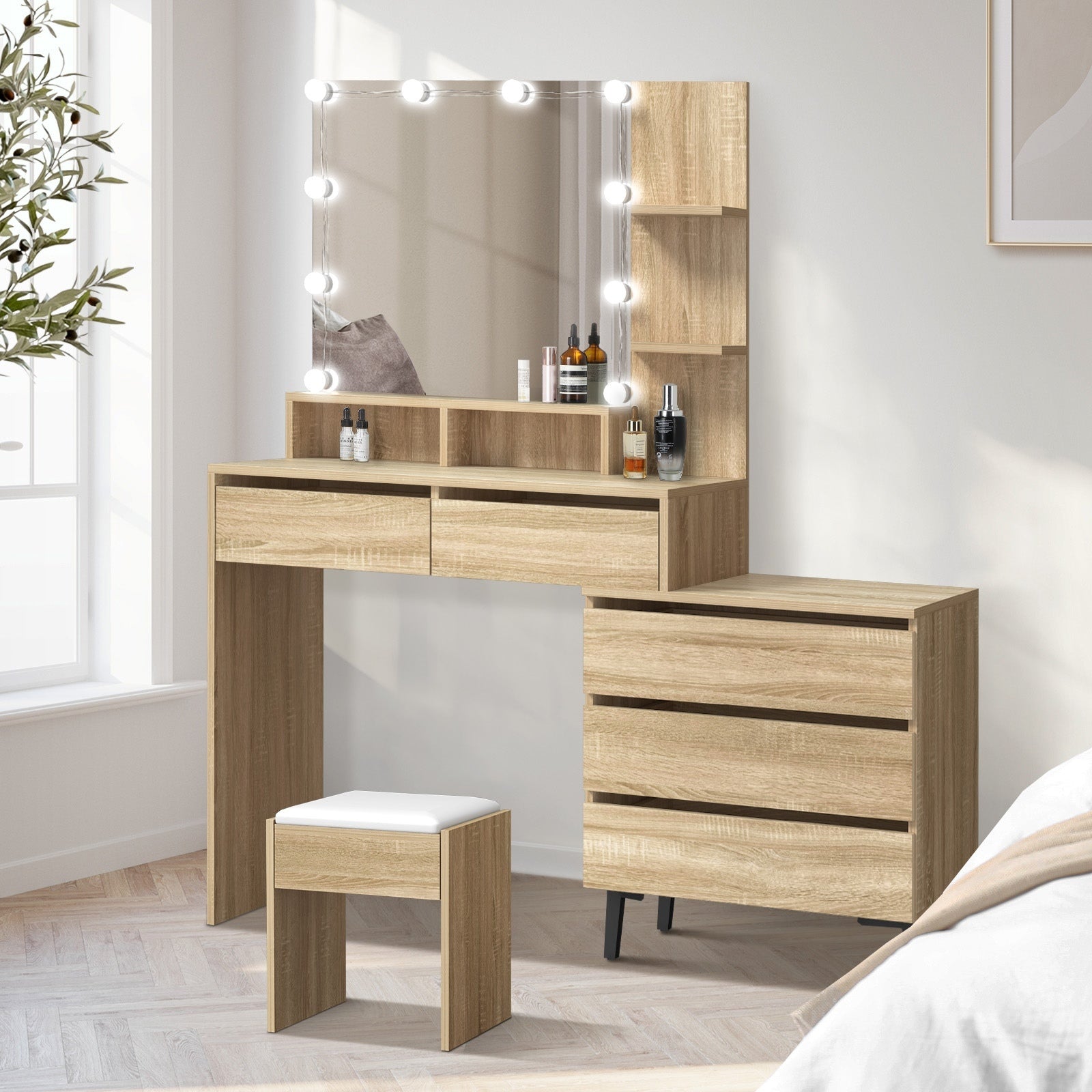 Oikiture Dressing Table Stool Set Makeup Desk Mirror Storage Dresser LED Bulbs