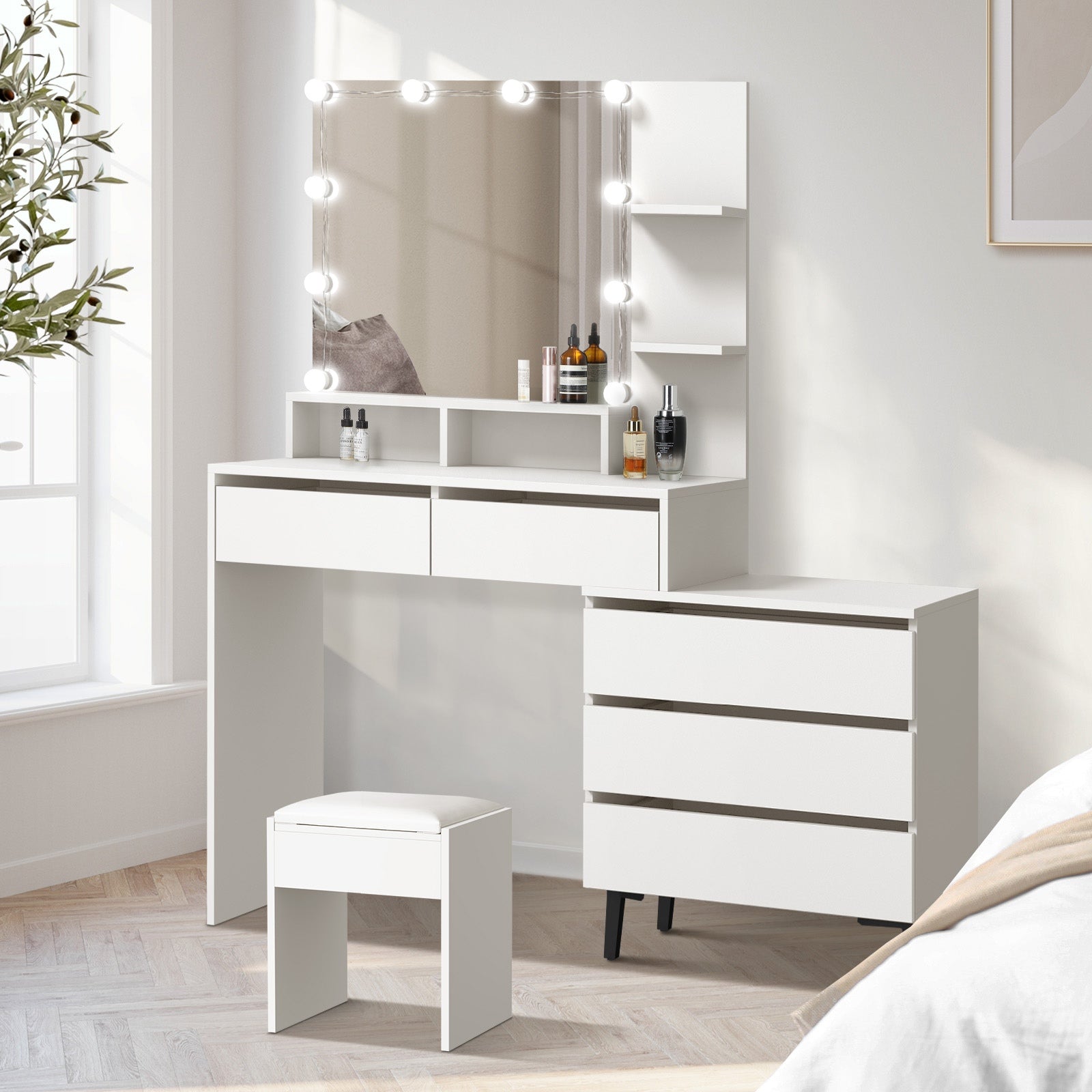 Oikiture Dressing Table Stool Set Makeup Desk Mirror Storage Dresser LED Bulbs
