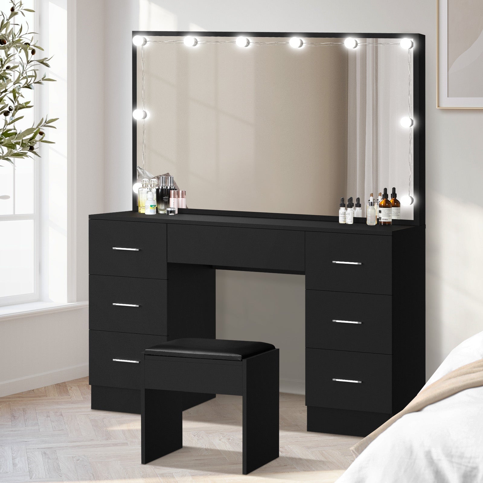 Oikiture Dressing Table Stool Set Makeup Desk Mirror Storage Dresser LED Bulbs