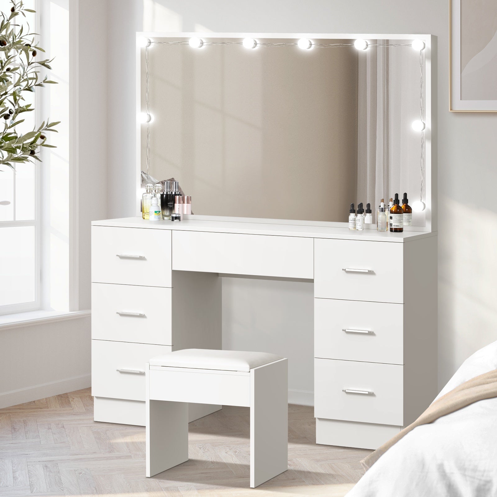 Oikiture Dressing Table Stool Set Makeup Desk Mirror Storage Dresser LED Bulbs