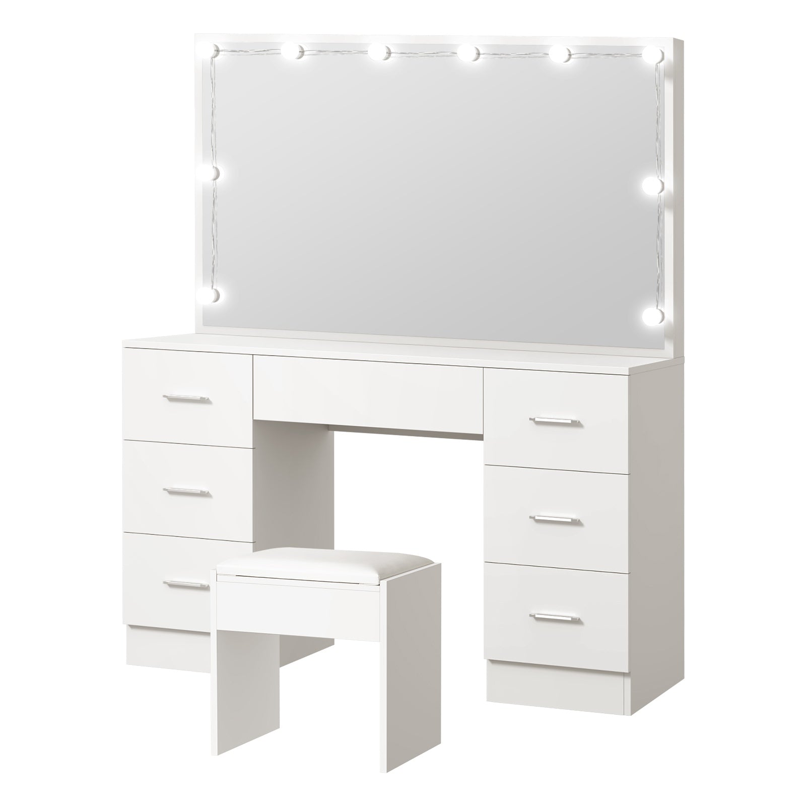 Oikiture Dressing Table Stool Set Makeup Desk Mirror Storage Dresser LED Bulbs