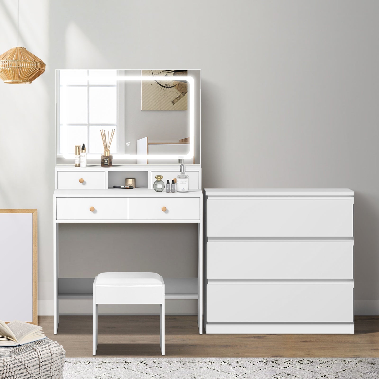 Oikiture Dressing Table Stool Set LED Makeup Mirror Vanity Desk 7 Drawers White - Sunyee