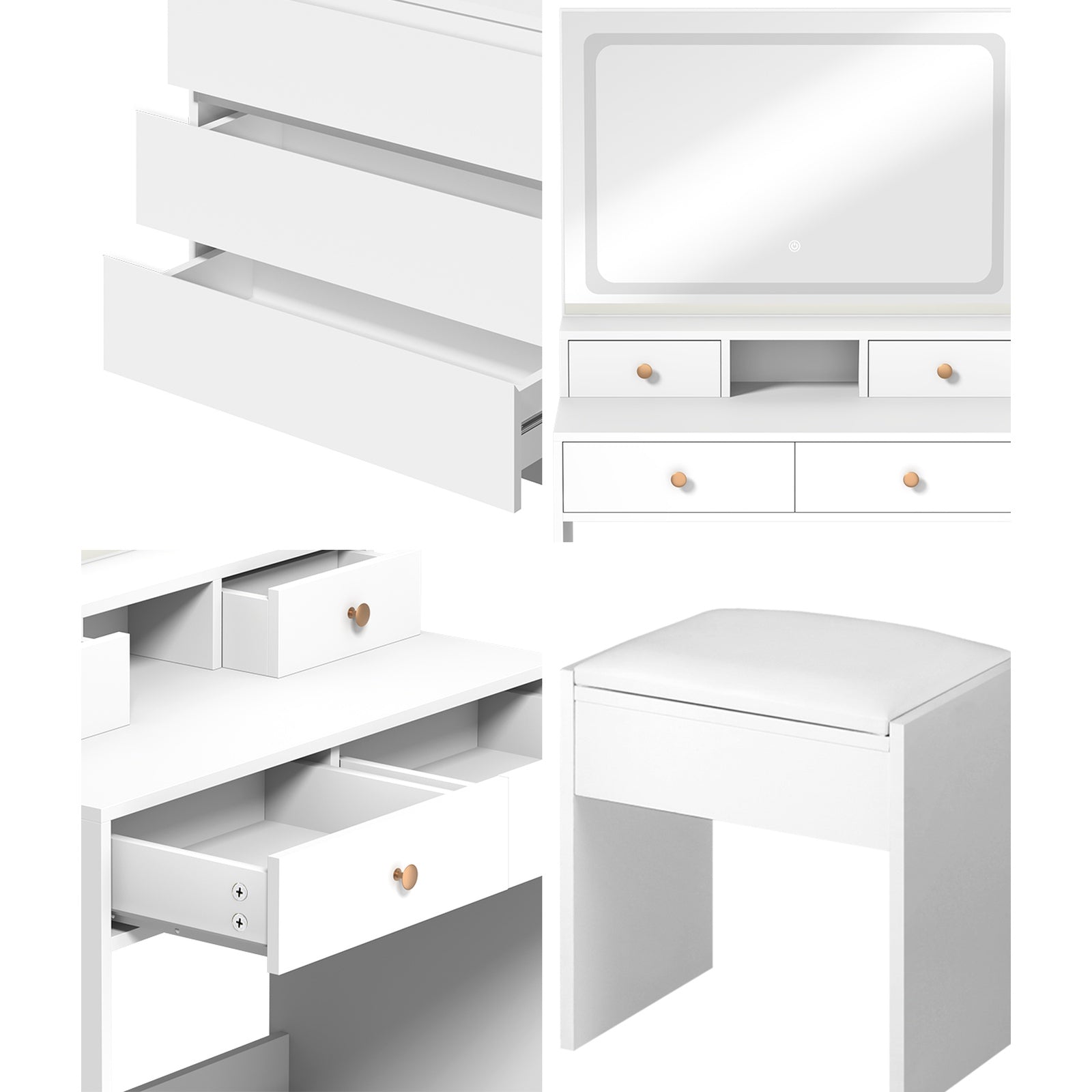 Oikiture Dressing Table Stool Set LED Makeup Mirror Vanity Desk 7 Drawers White - Sunyee