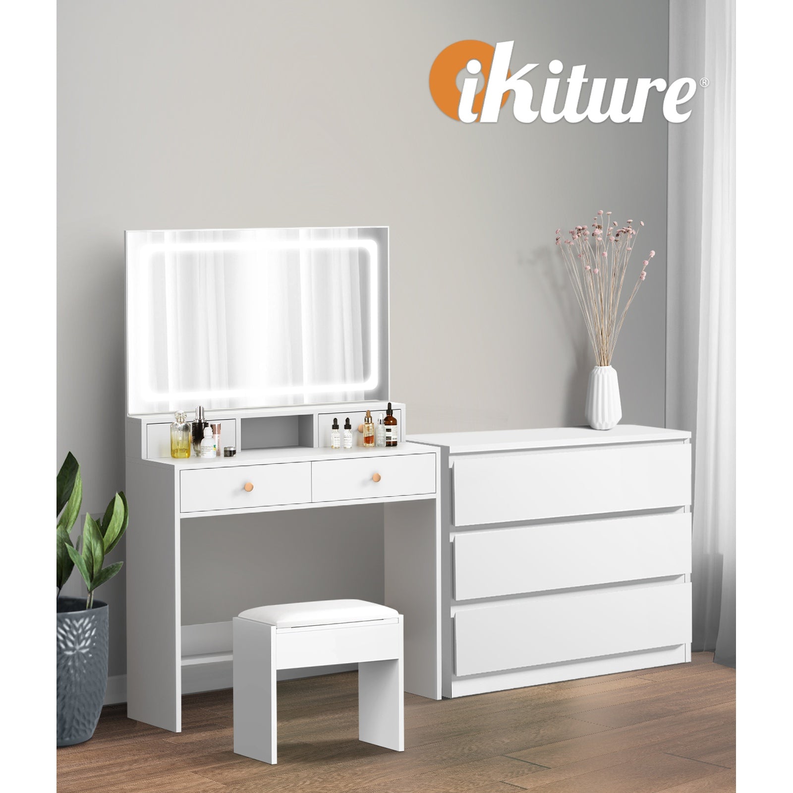 Oikiture Dressing Table Stool Set LED Makeup Mirror Vanity Desk 7 Drawers White - Sunyee
