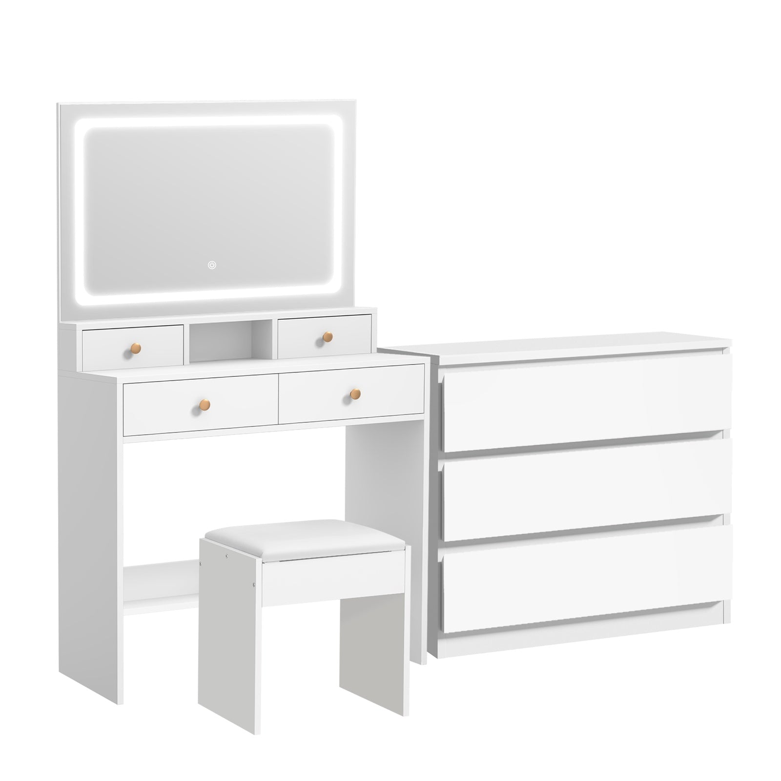 Oikiture Dressing Table Stool Set LED Makeup Mirror Vanity Desk 7 Drawers White - Sunyee