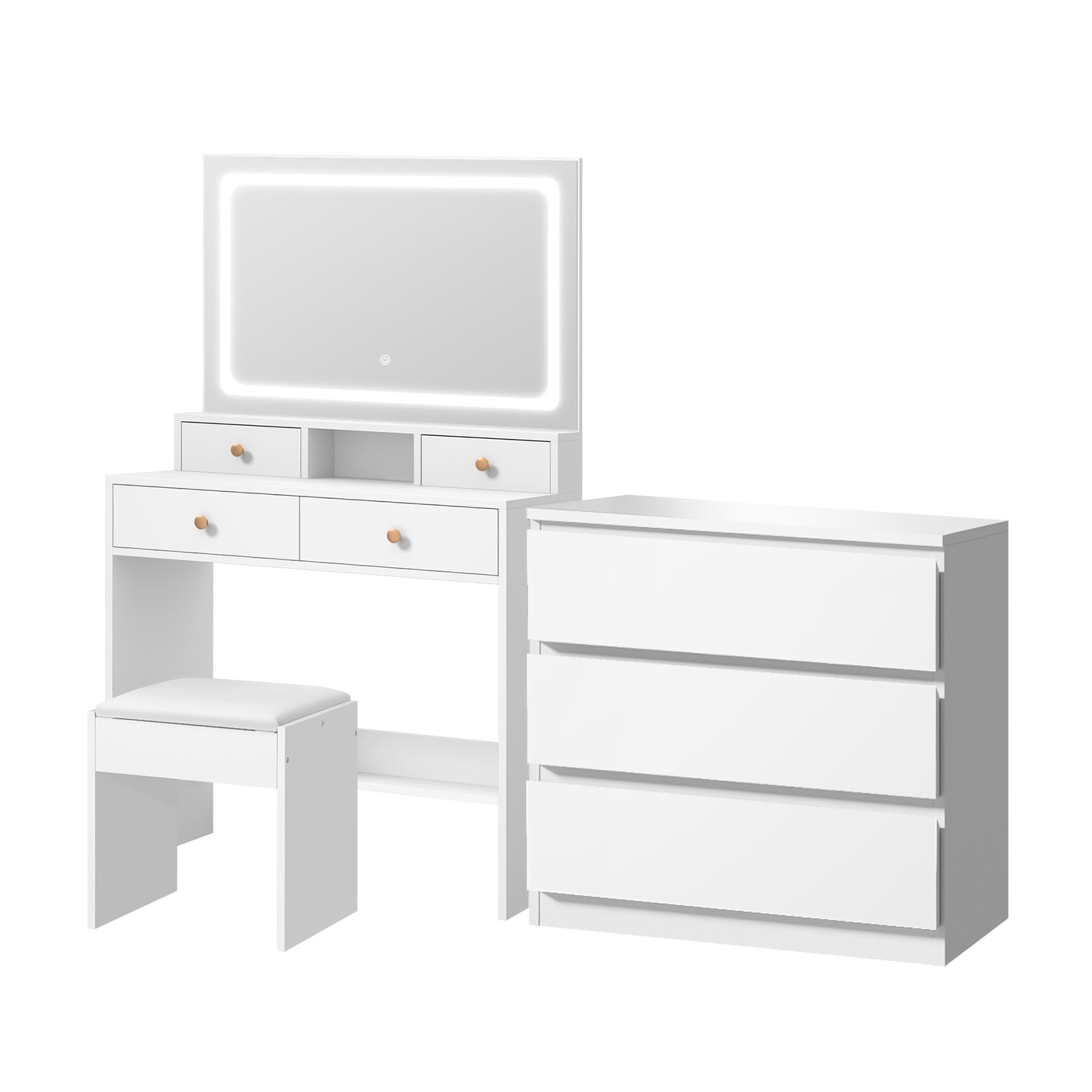 Oikiture Dressing Table Stool Set LED Makeup Mirror Vanity Desk 7 Drawers White - Sunyee