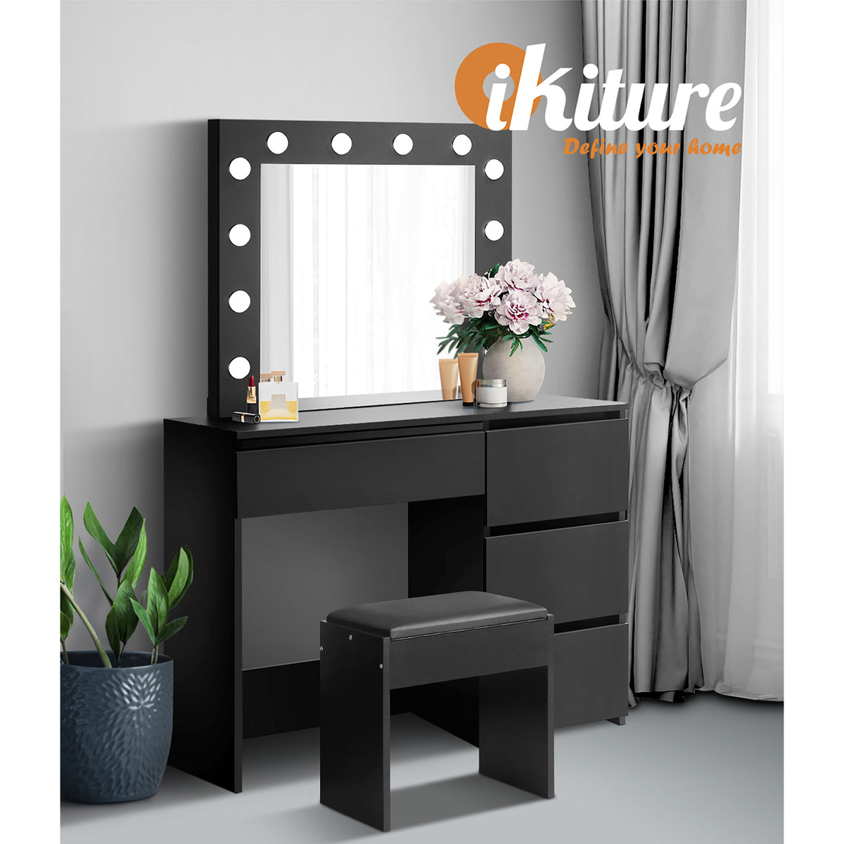 Oikiture Dressing Table Stool Set Makeup Desk Mirror Storage 12 LED Bulbs - Sunyee