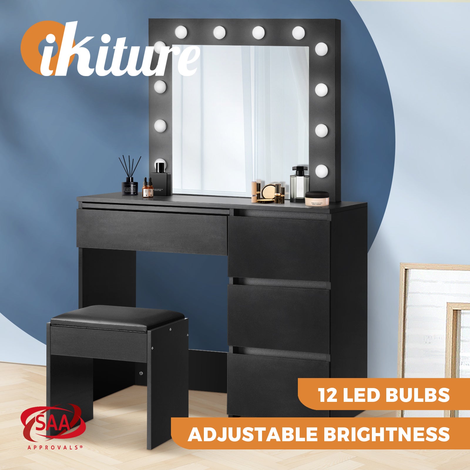 Oikiture Dressing Table Stool Set Makeup Desk Mirror Storage Dresser LED Bulbs