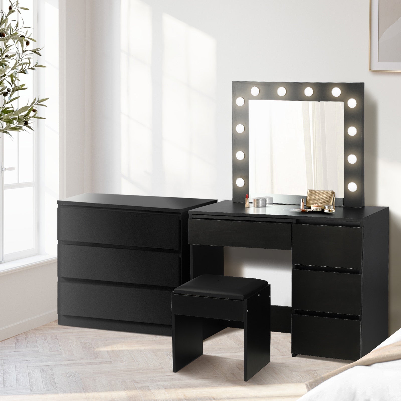Oikiture Dressing Table Stool Set Makeup Mirror Desk 7 Drawers LED Black - Sunyee
