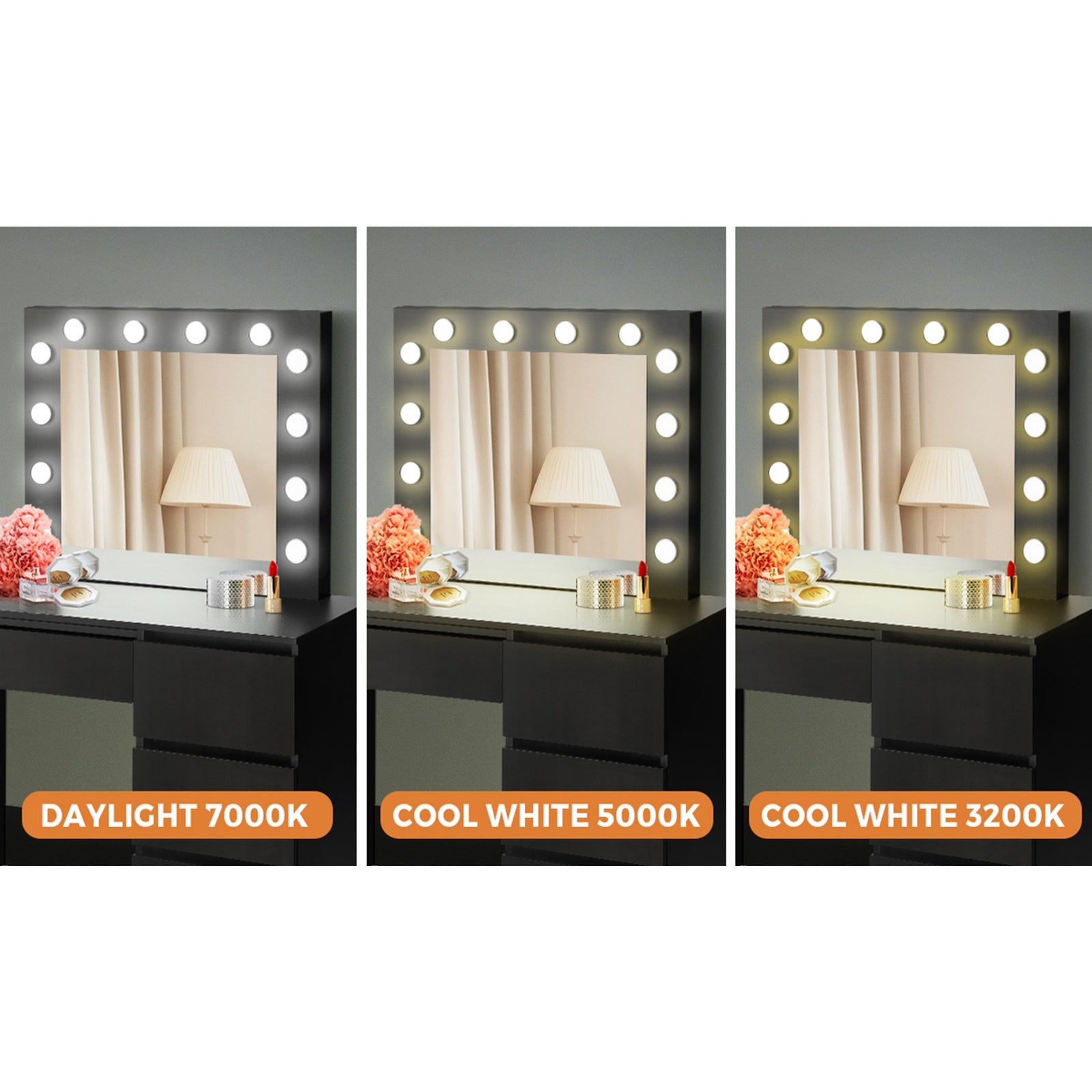 Oikiture Dressing Table Stool Set Makeup Mirror Desk 7 Drawers LED Black - Sunyee