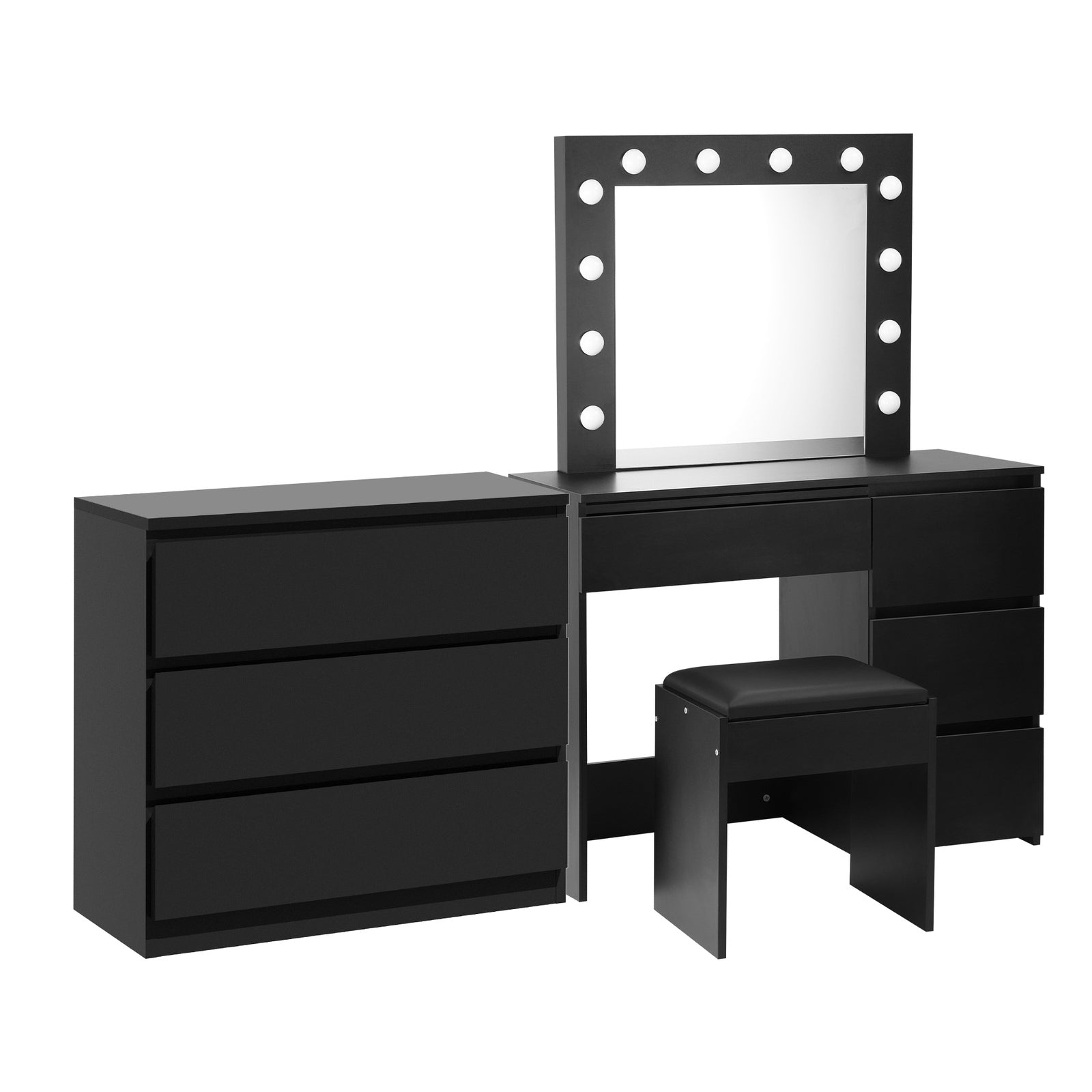 Oikiture Dressing Table Stool Set Makeup Mirror Desk 7 Drawers LED Black - Sunyee