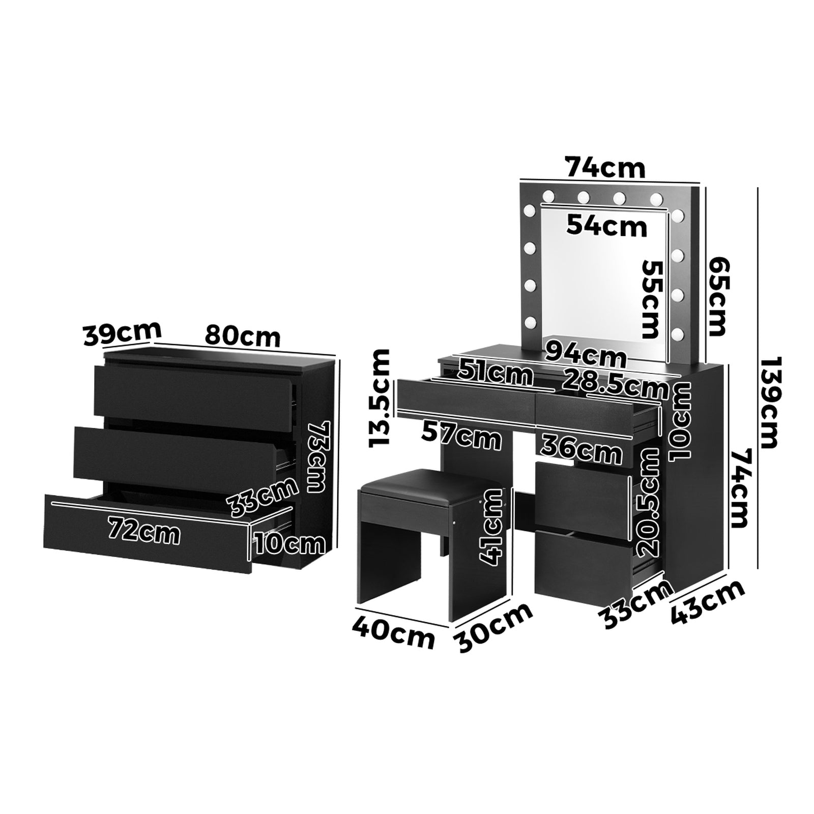 Oikiture Dressing Table Stool Set Makeup Mirror Desk 7 Drawers LED Black - Sunyee
