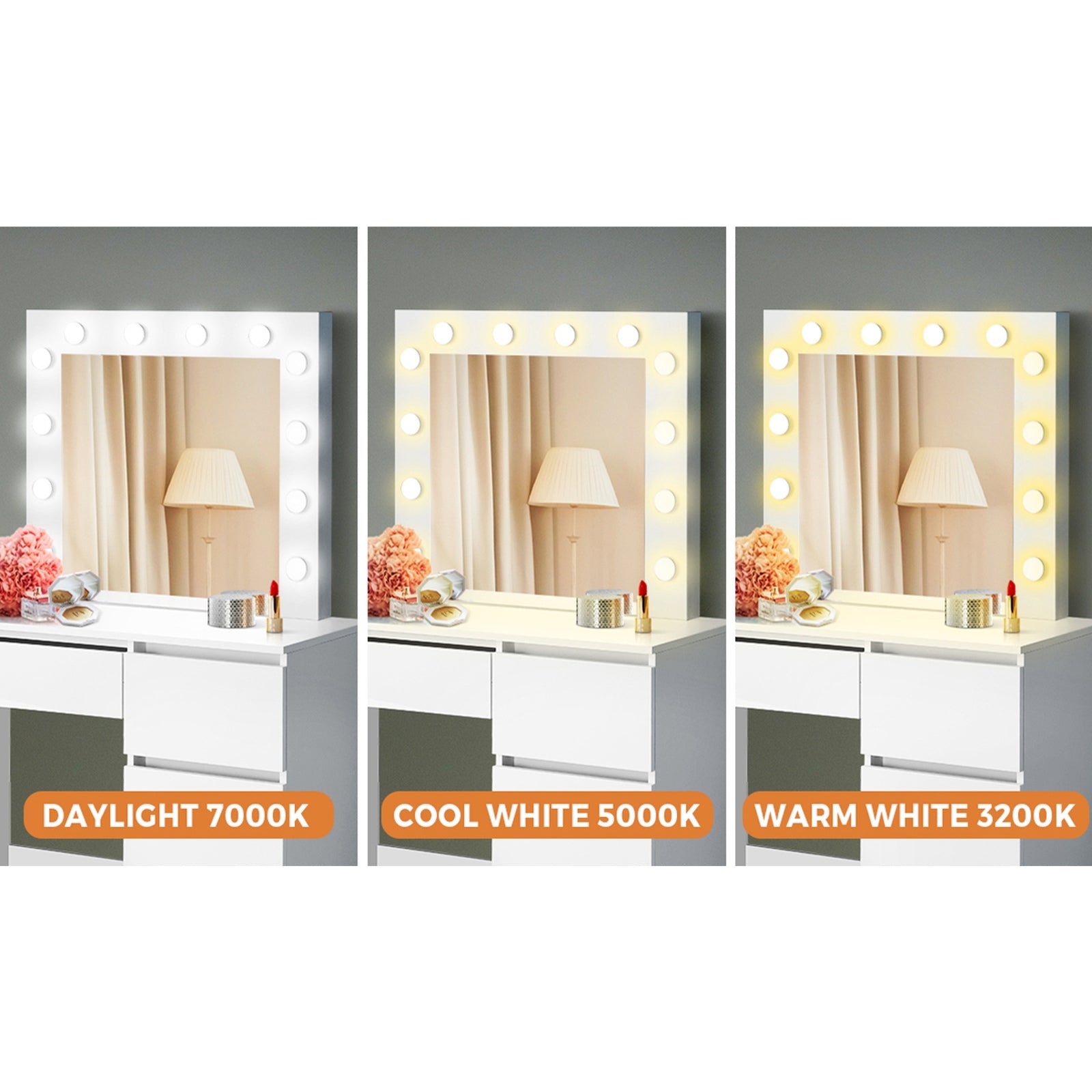 Oikiture Dressing Table Stool Set Makeup Mirror Desk 7 Drawers LED White - Sunyee