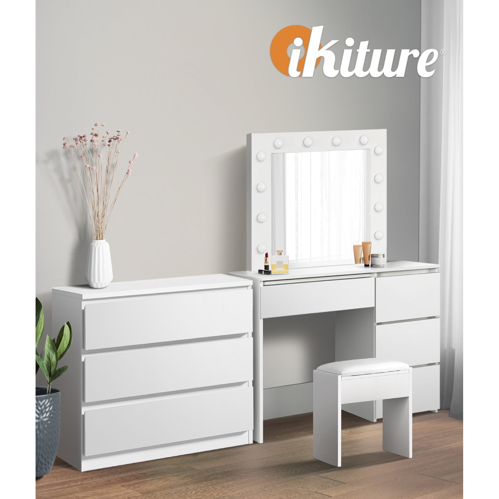 Oikiture Dressing Table Stool Set Makeup Mirror Desk 7 Drawers LED White - Sunyee